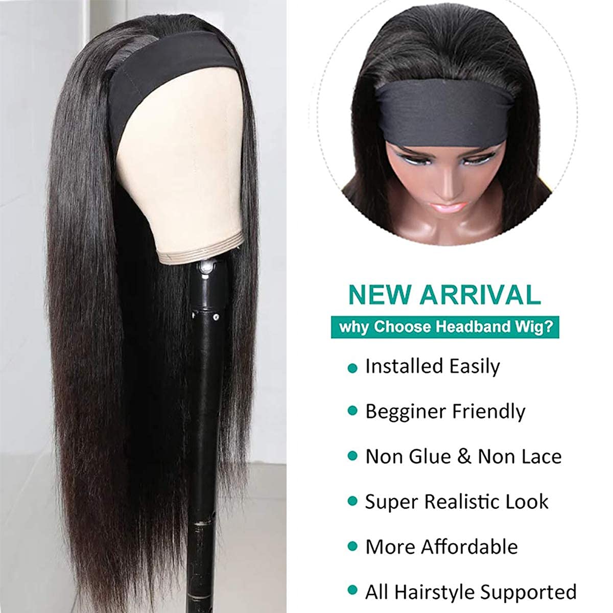 22 Inch Brazilian Straight Human Hair Wig for Black Women - No Lace Glueless Remy Half Wig with Elastic Band | Perfect for Daily Wear, Parties & Protective Styling