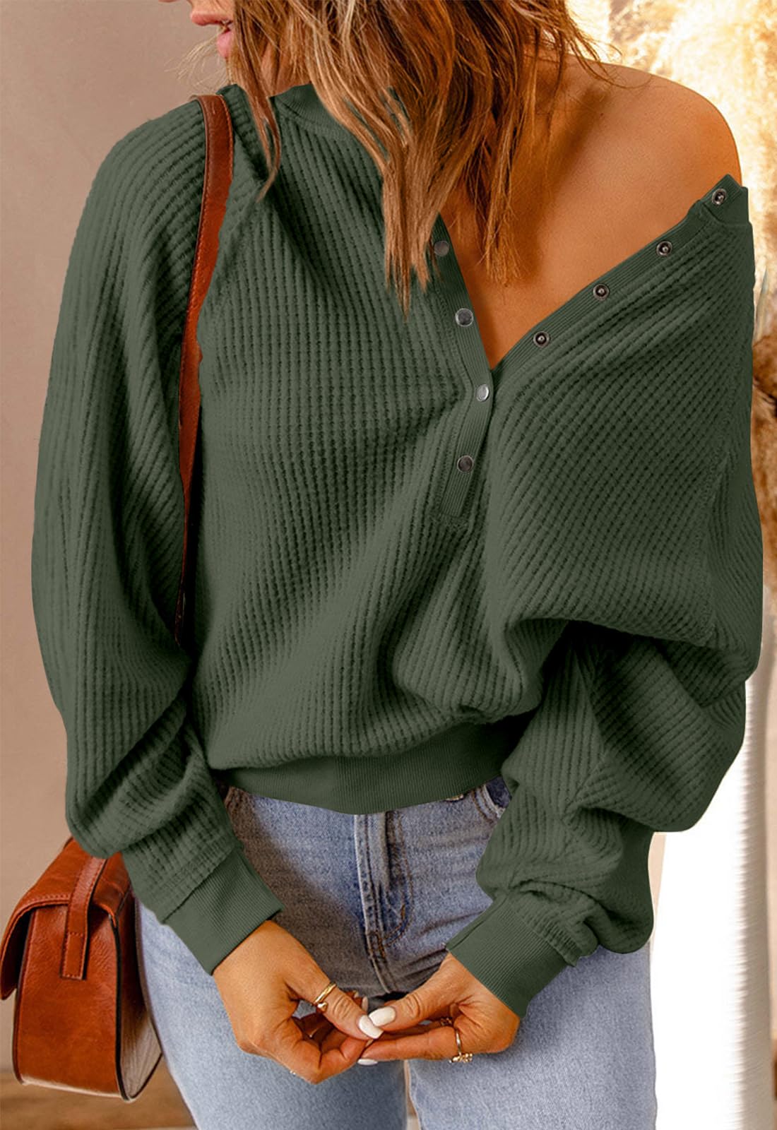 PRETTYGARDEN Women's Long Sleeve Waffle Knit Sweater - Soft Button Down Pullover V-Neck Loose Crop Top for Fall & Winter | Casual Outfits, Layering, Office Wear & Date Nights