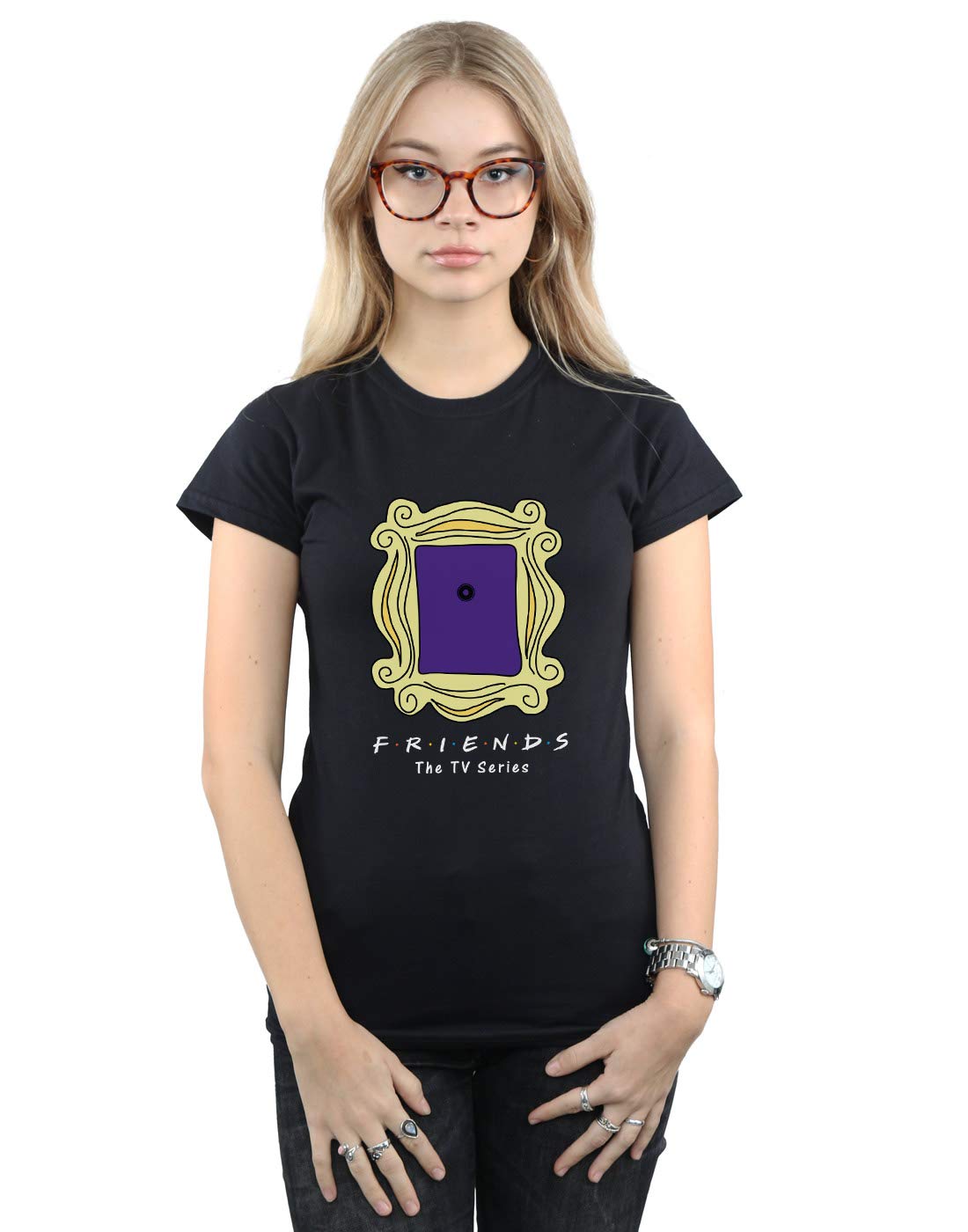 Absolute Cult Friends Women's Peephole Graphic T-Shirt - Funny Novelty Tee for Best Friends & Roommates - Perfect for Matching Outfits, Girls Trips & BFF Gifts