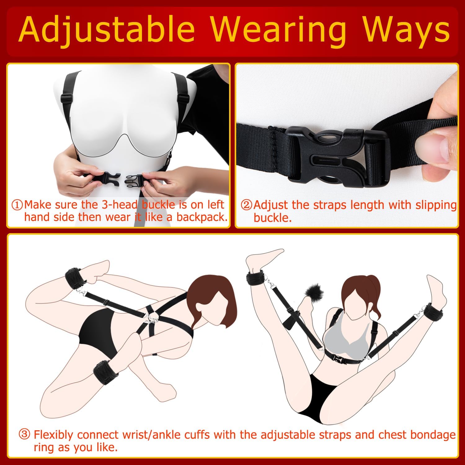 Premium 7-Piece BDSM Bondage Restraint Kit - Adjustable Chest Harness, Handcuffs & Ankle Cuffs for Couples | Sensual Adult Toys for Spicing Up Bedroom Play & Role-Playing Games | Ultimate BDSM Gear for Men & Women