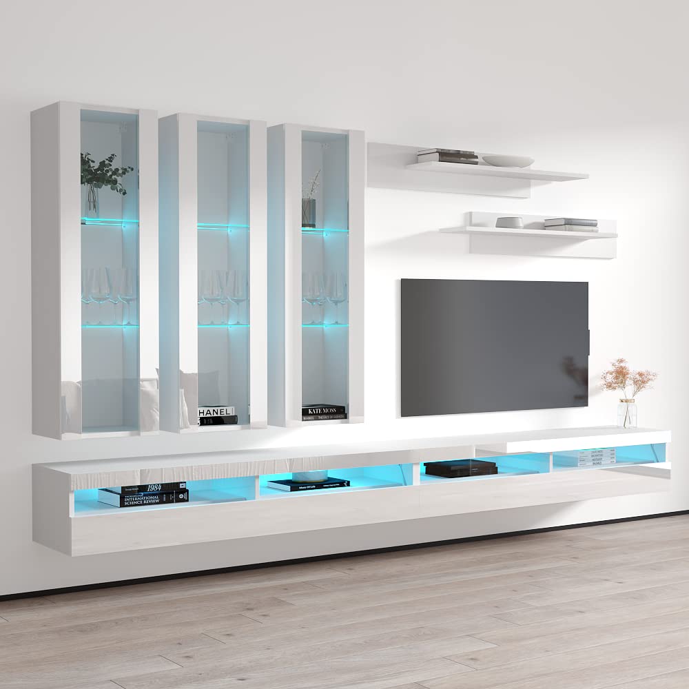Modern Floating TV Stand with Storage & LED Lights - Wall Mounted Entertainment Center for Bedroom & Living Room - 35 Inch TV Console with Shelves - White - Perfect for Small Spaces & Home Theater Setup