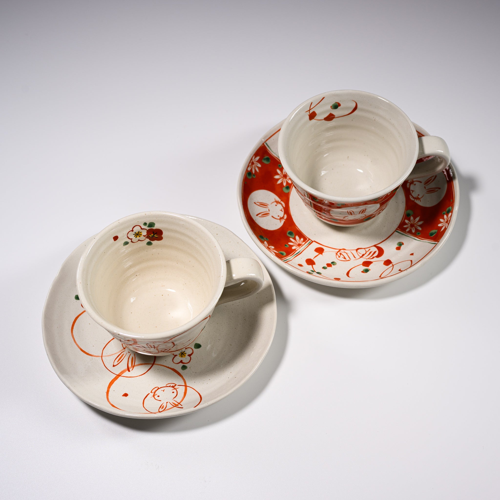 Red Rabbit Pair Cup and Saucer Set - 2 Piece Ceramic Tea Cup with Matching Saucer - Cute Bunny Themed Tea Set for Afternoon Tea, Gift Giving, or Home Decor