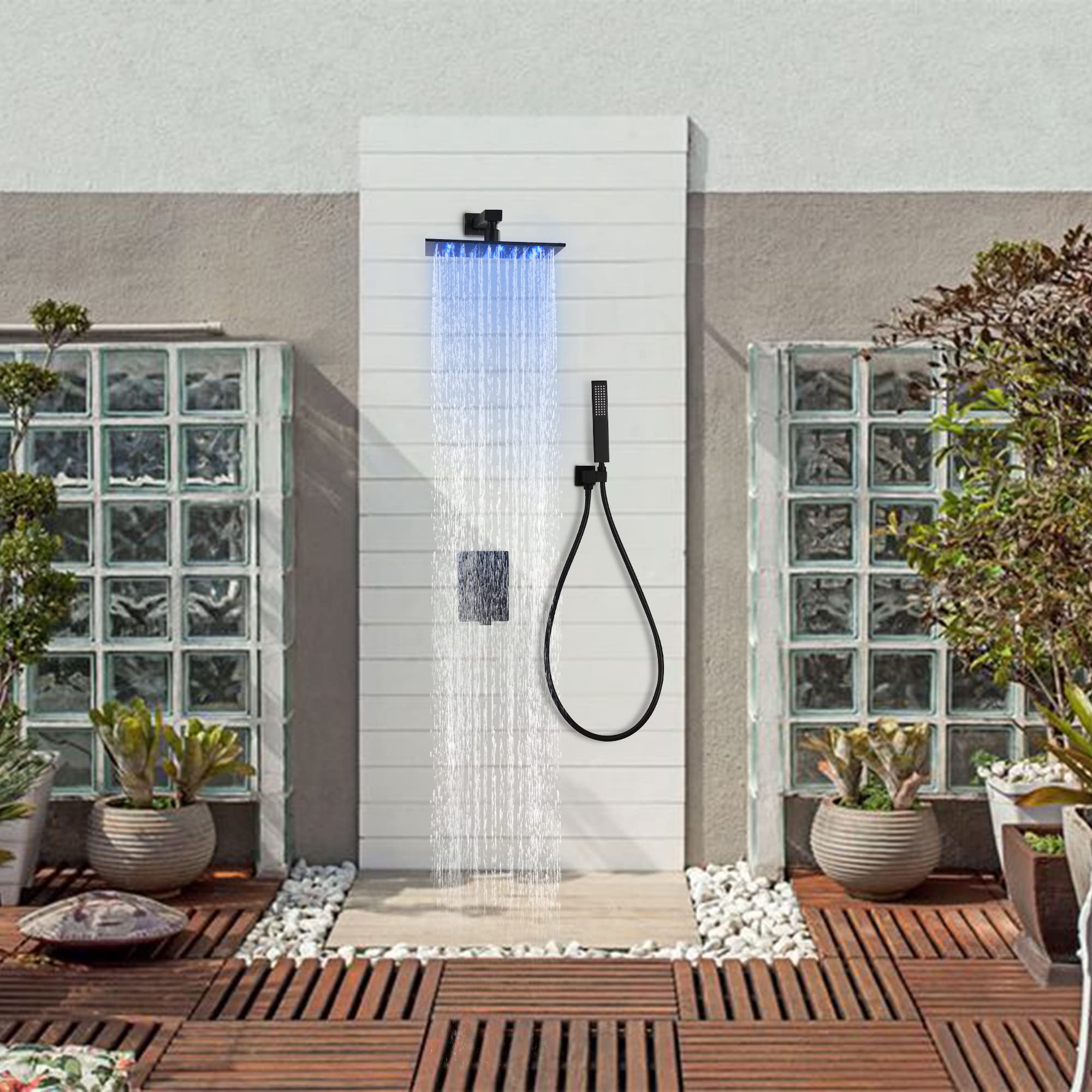 SKOWLL Matte Black Rainfall Shower Head Set - 12 Inch LED Shower System with 2-Function Valve Kit, Wall Mount Overhead Shower Faucet for Bathroom & Spa Experience | Modern Black Shower Head and Handle Combo