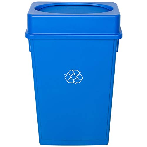 15 Pack 92 Qt (23 Gallon/87 Liter) Slim Blue Rectangular Recycling Bin with Drop Shot Lid - Kitchen Trash Can, Waste Basket for Home, Office, and Commercial Use