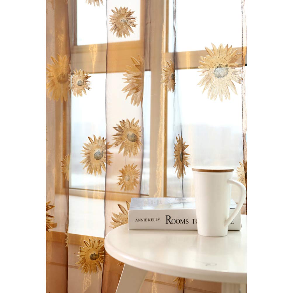 BESPORTBLE Crushed Voile Sheer Curtains - Flax Linen Window Treatments with Sunflower Pattern, Semi-Transparent Tulle Drapes for Living Room & Bedroom (Set of 2 Panels)