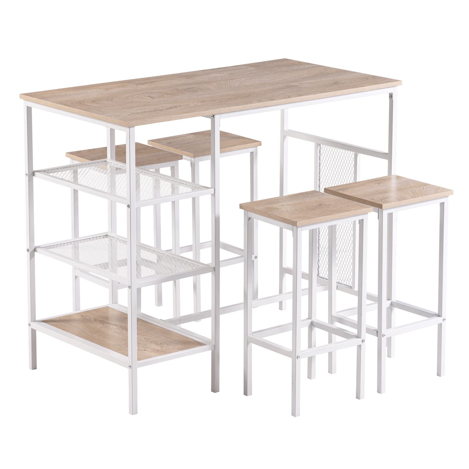 5-Piece Counter Height Dining Table Set with 3 Storage Shelves - VERYKE Kitchen Breakfast Nook Set with Light Brown Wood Tabletop & 4 White Metal Frame Stools - Perfect for Small Spaces, Apartments, and Modern Kitchens (Light Brown + White)