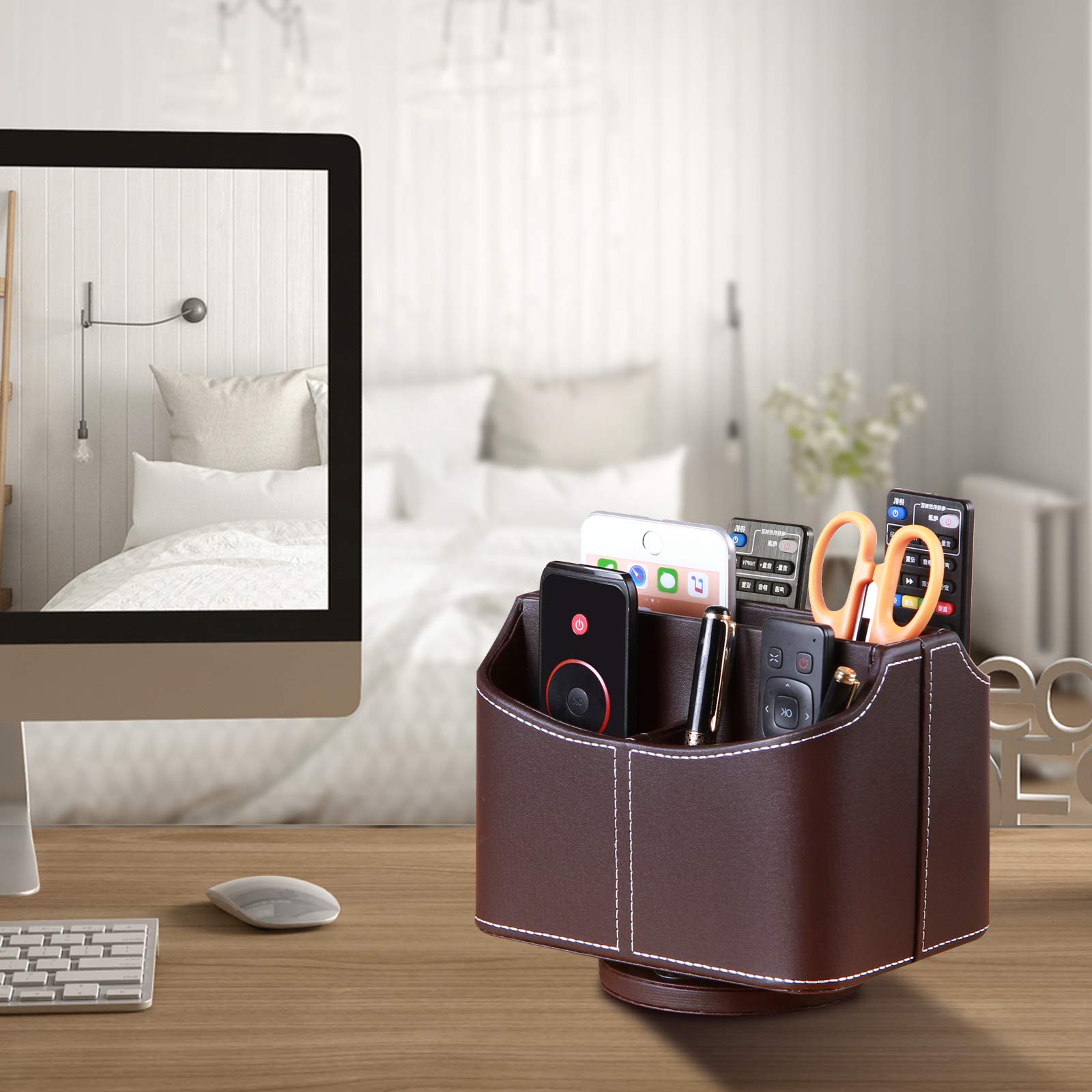 YAPISHI 360° Rotating Leather Remote Control Holder - Desk & Coffee Table Organizer for TV Remote, Controller, Phone, Pencil Storage | Perfect for Living Room, Bedroom, Office Organization