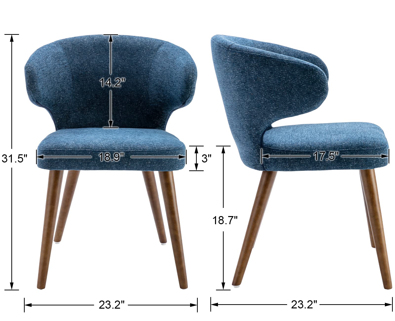 Mid Century Modern Dining Chairs Set of 2 - Upholstered Curved Wingback Accent Arm Chairs with Solid Wood Legs in Navy Blue Linen Fabric - Perfect for Dining Room, Living Room or Office Decor
