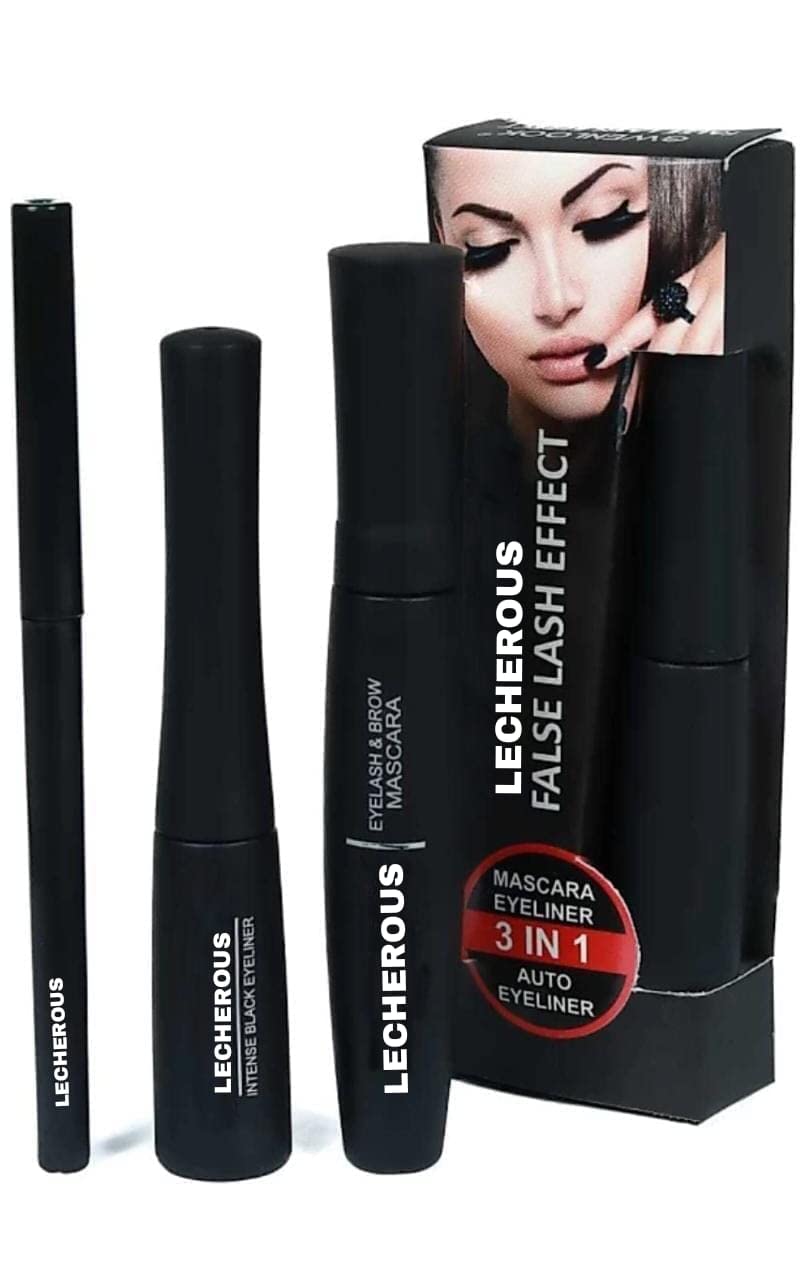 Waterproof Eyeliner & Mascara 3-in-1 Combo - Black Semi-Matte Finish with Kajal Pencil | Long Lasting Smudge Proof Makeup Kit for Day & Night Looks, Parties & Special Occasions
