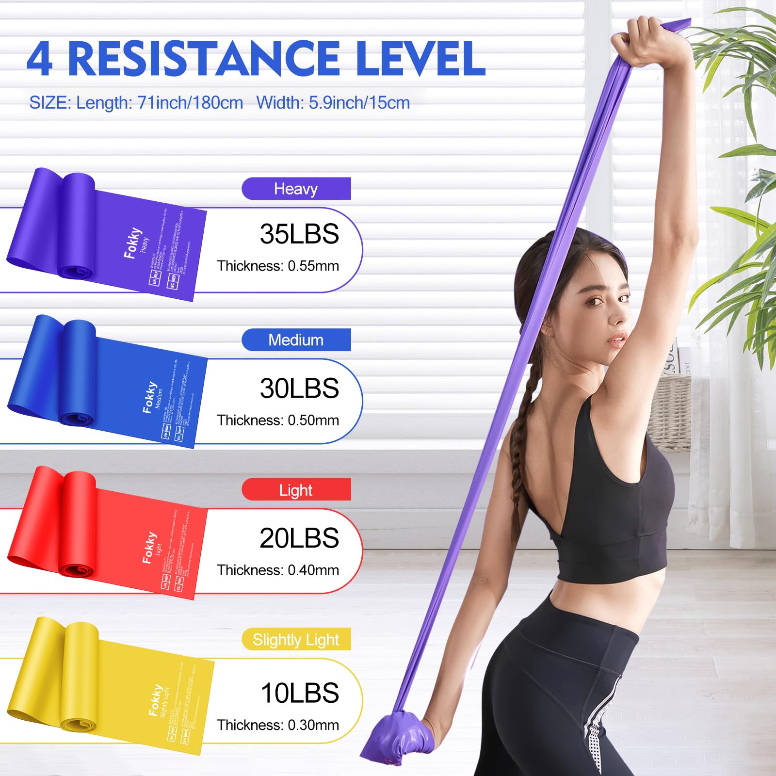 Fokky Resistance Bands Set of 4 - 1.5M/1.8M Exercise Bands with 4 Resistance Levels for Strength Training, Pilates, Yoga & Crossfit - Includes Carry Bag for Gym & Home Workouts