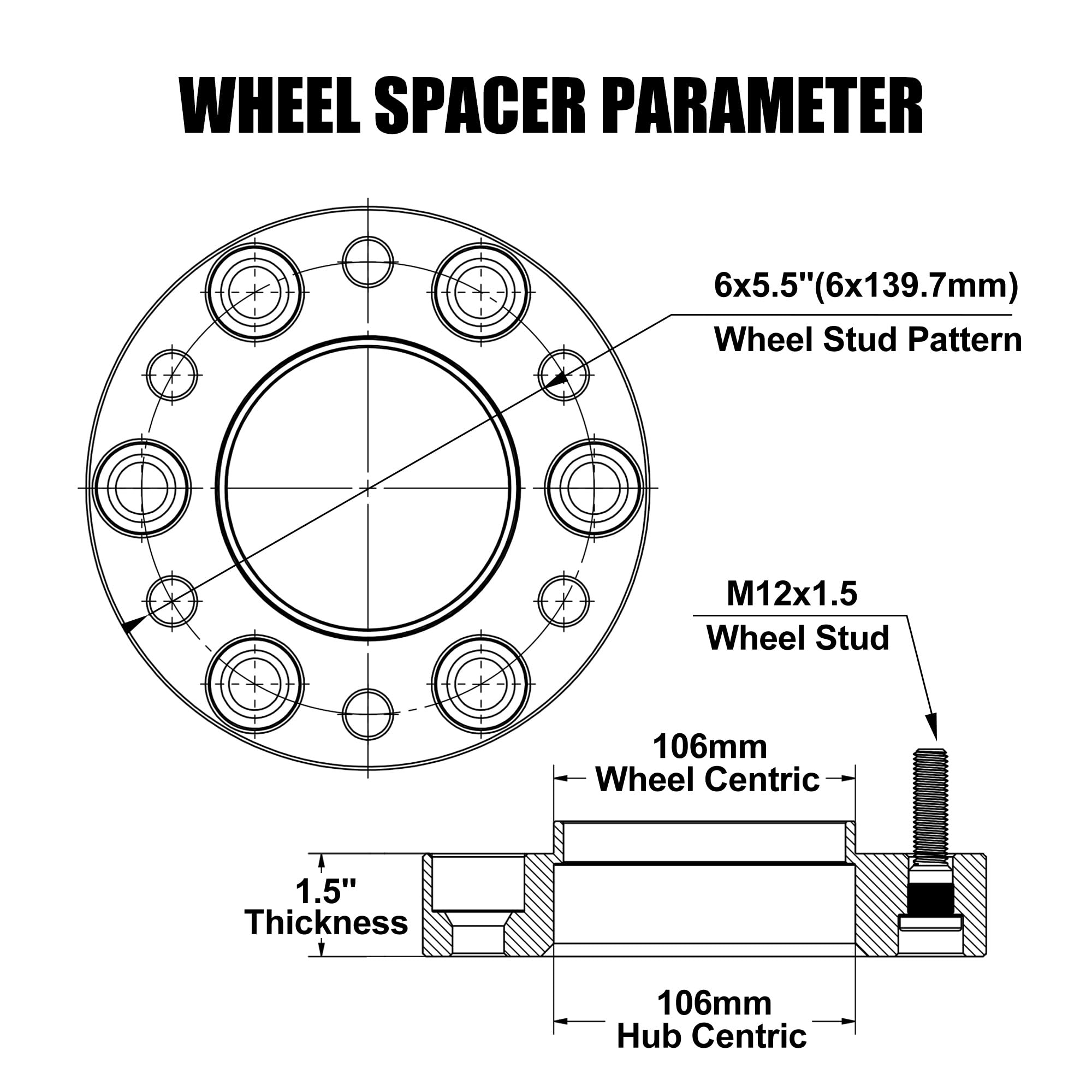 6x5.5 Hubcentric Wheel Spacers 1.5 Inch for Toyota Tacoma 4Runner Tundra FJ Cruiser Fortuner Sequoia GX460 GX470 (1995-2024 Models) - 6x139.7 Forged Spacer with 12x1.5 Studs & 106mm Hub Bore - Perfect for Off-Roading, Lifting & Custom Wheel Fitment