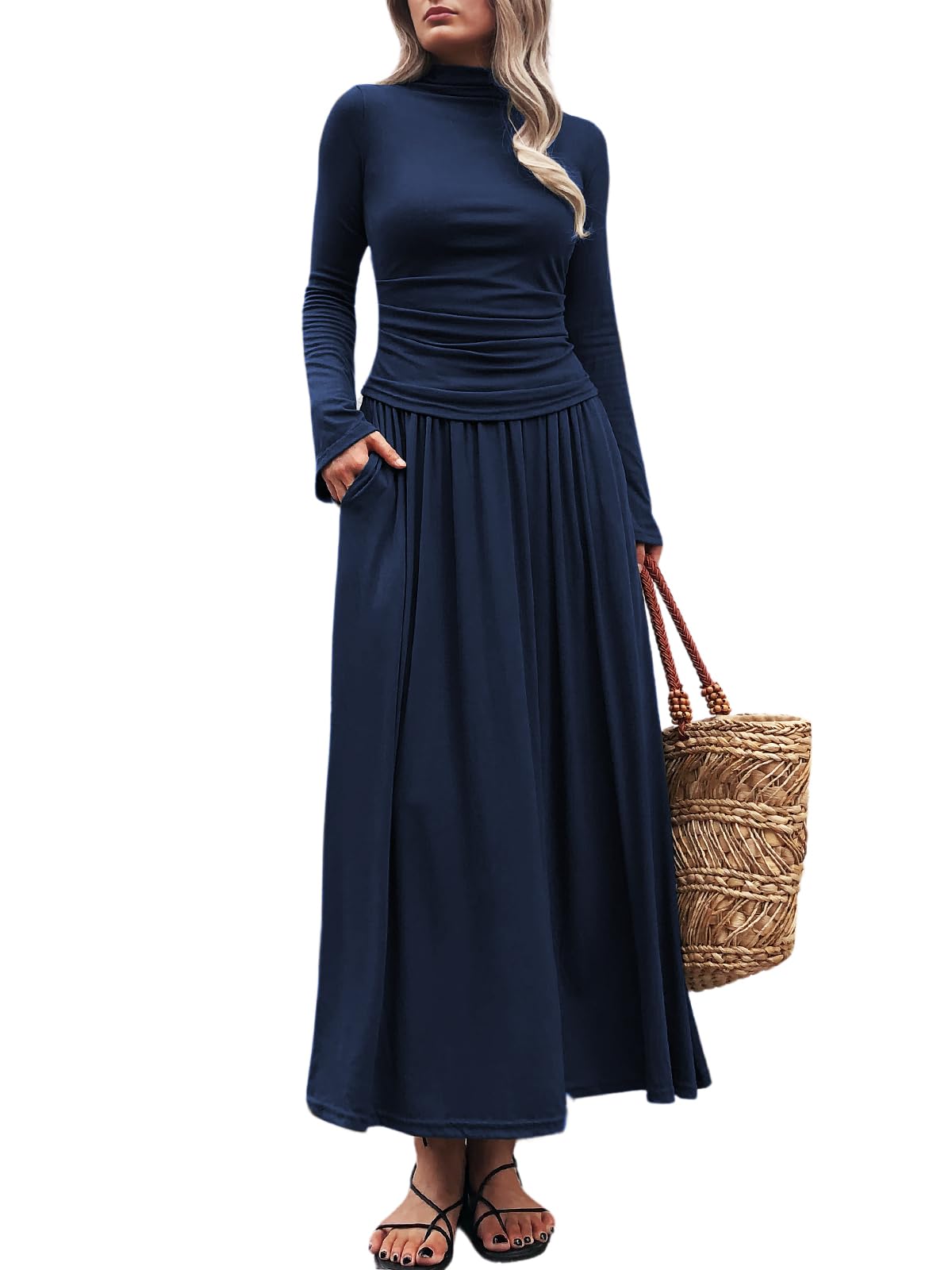 Women's Long Sleeve Two Piece Skirt Set - Casual Mock Neck Ruched Top & Swing Maxi Skirt Matching Outfit | Perfect for Work, Date Night & Fall Fashion