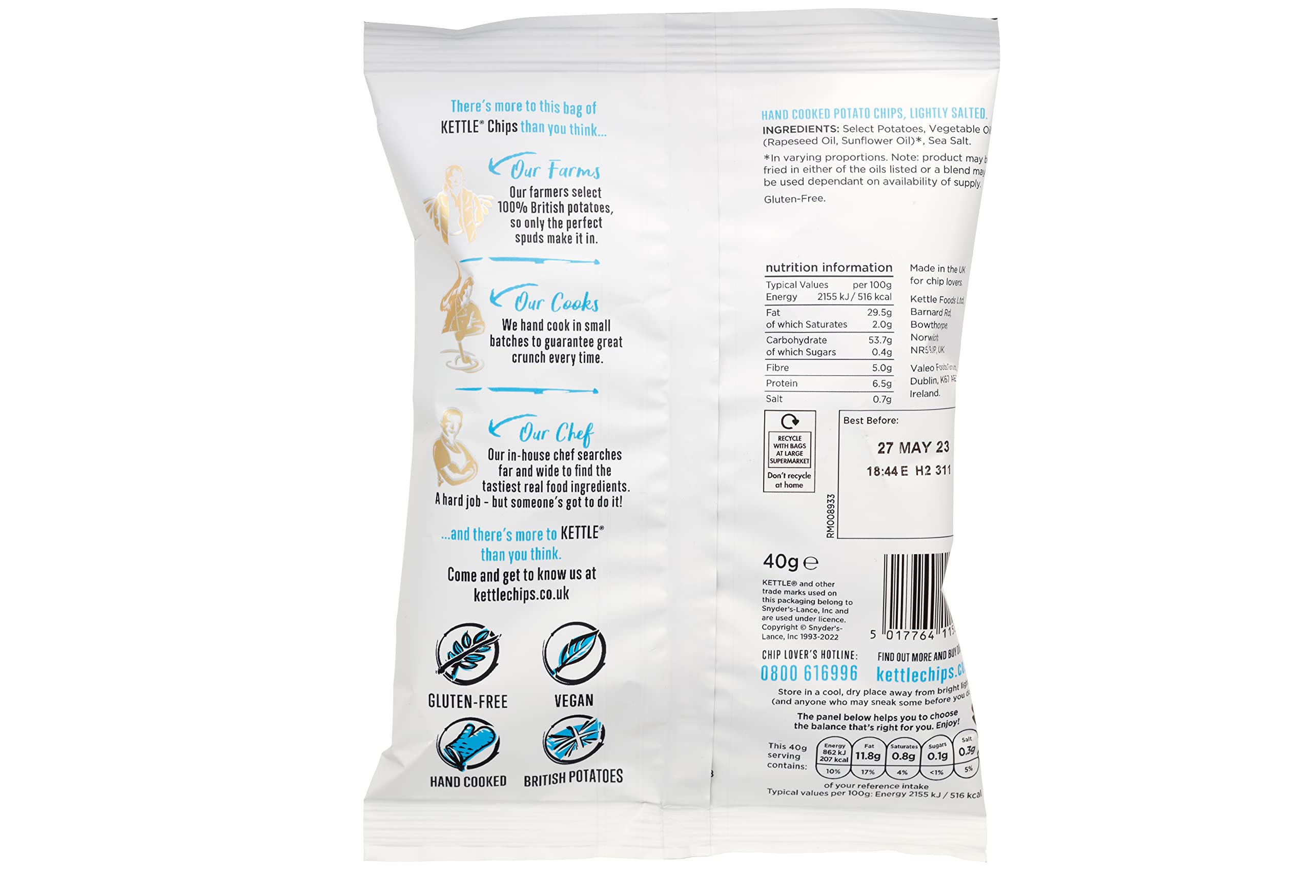 Kettle Chips Lightly Salted 40g (Pack of 18) | Crunchy Potato Snacks for Parties, Picnics & Office Snacking | Gluten-Free & Vegan