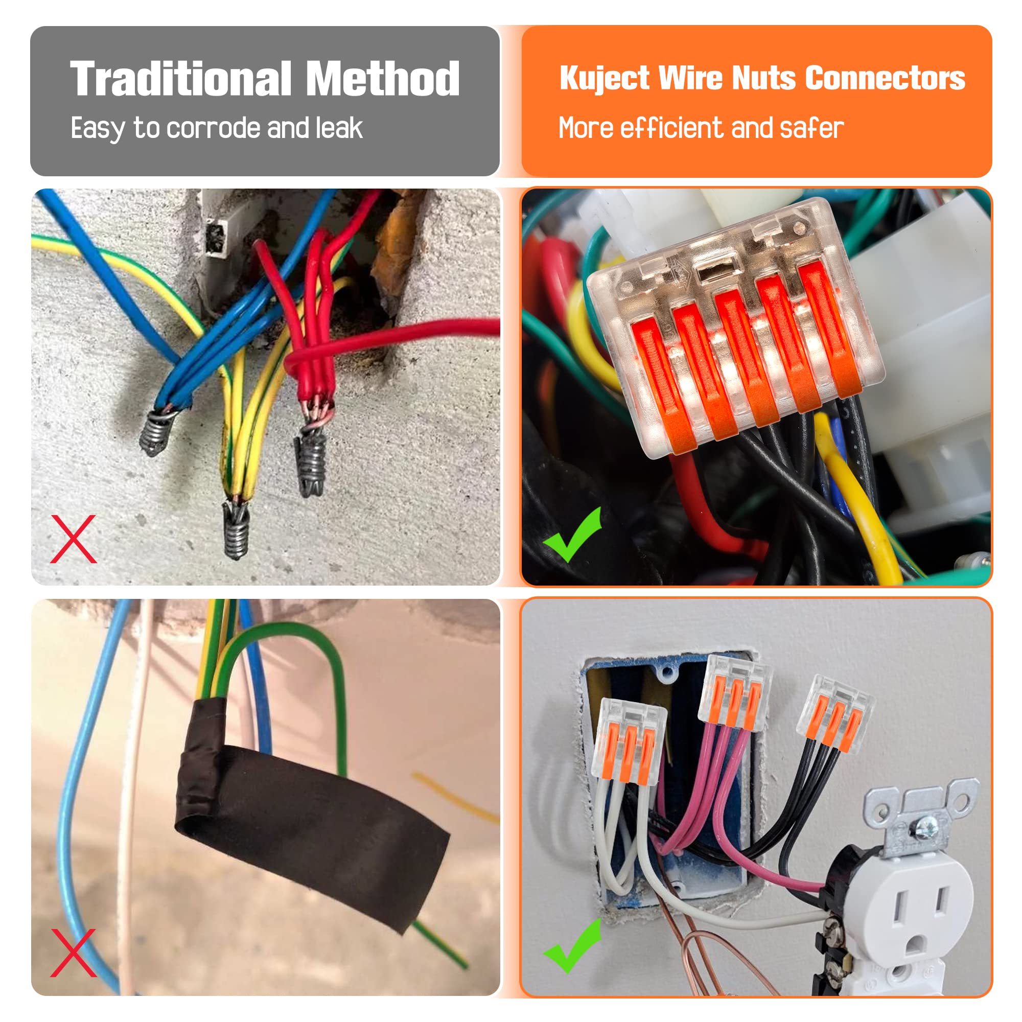 Kuject 200PCS Lever Wire Nuts Connectors Kit - 2/3/4/5/8 Conductor Combination for AWG 28-12 Wires - Electrical Push-in Quick Connectors with 2 Circuit Inline Splices - Perfect for Home Wiring, Electrical Repairs, and DIY Projects