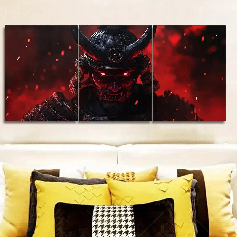 3-Piece Crimson Warrior with Black Horns Metal Wall Art - Ready to Hang Home Decor for Living Room, Bedroom & Office | Gothic Fantasy Art Print