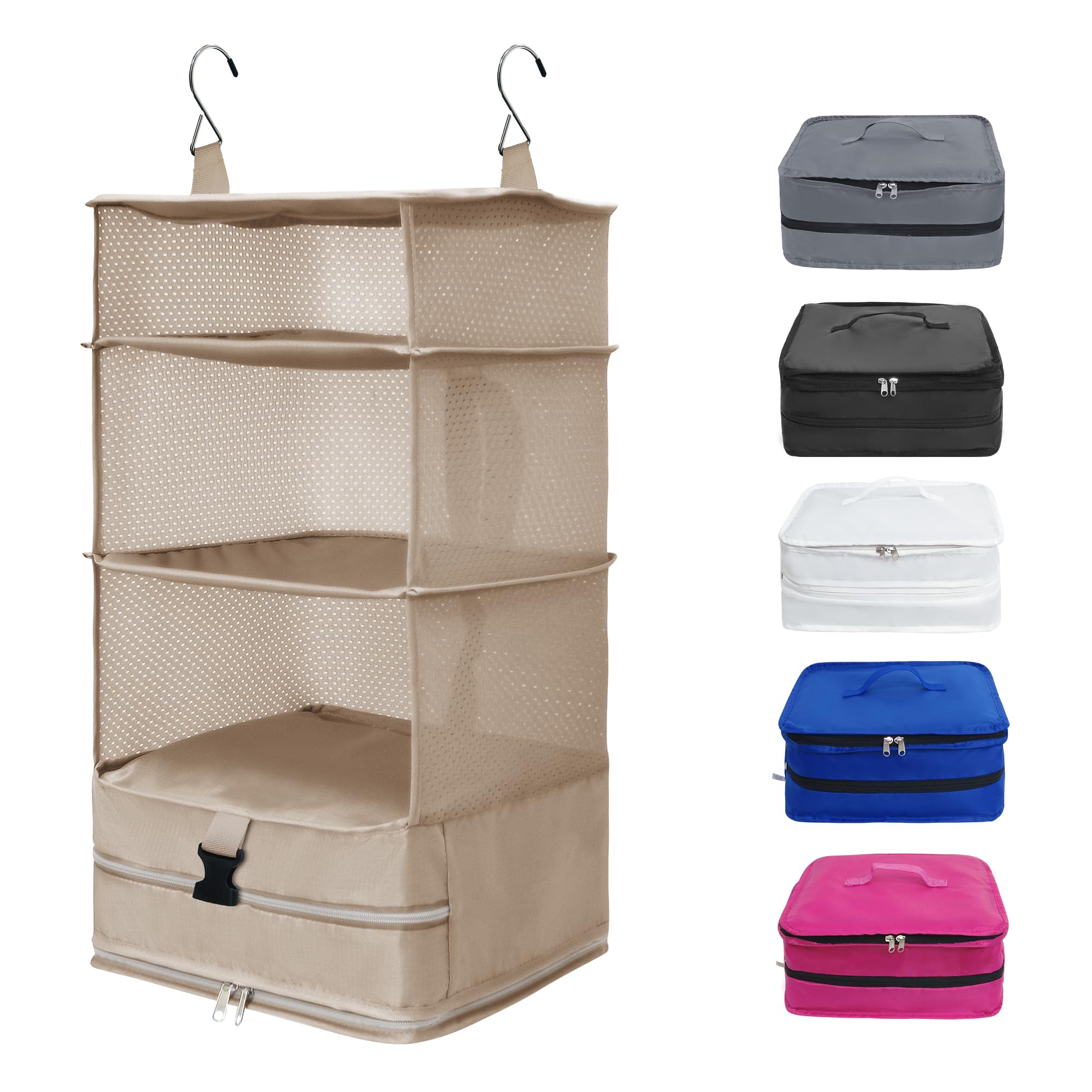 Twira Portable Hanging Travel Shelves Organizer - Large Capacity Collapsible 4-Shelf Suitcase Organizer with 2 Hooks for Luggage (Beige) | Perfect for Carry-On Closet, Business Trips & Vacation Packing