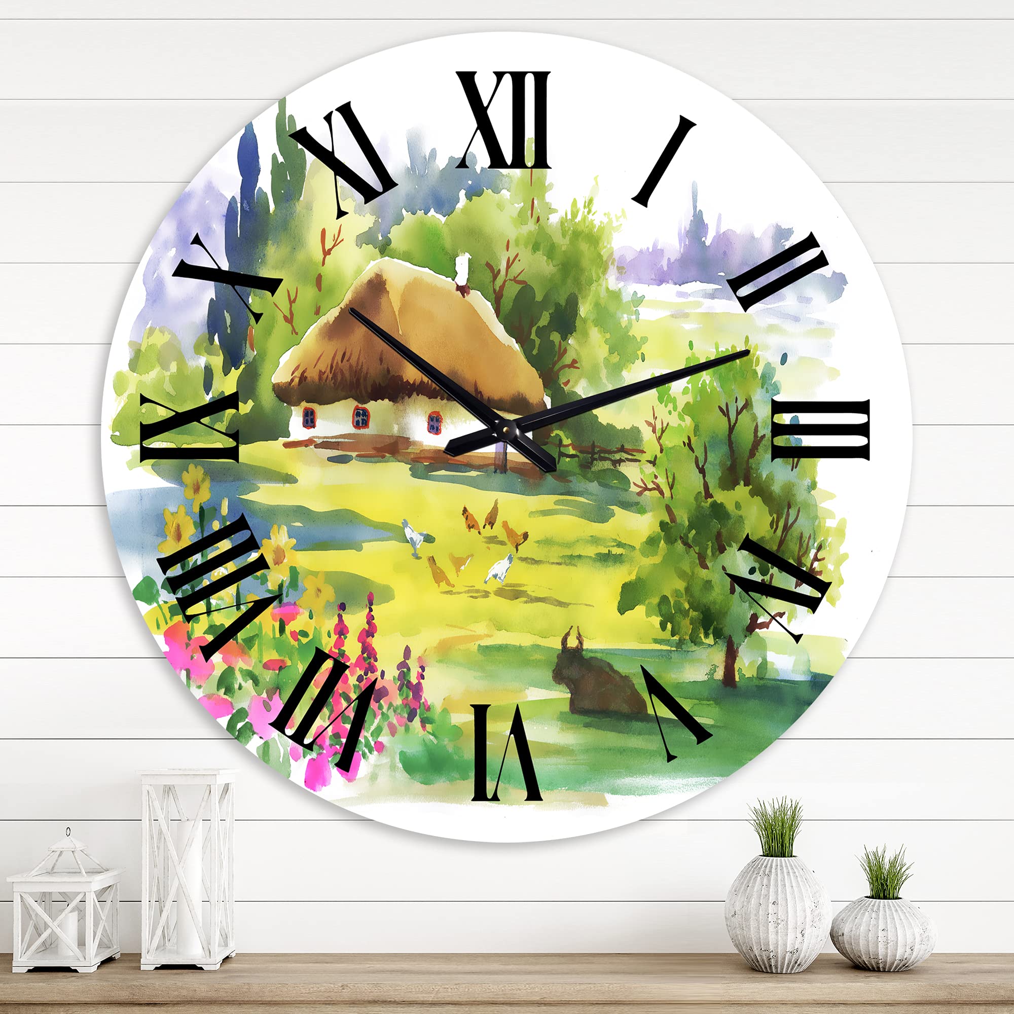 DesignQ Traditional Wall Clock - 'Rural House in Blossoming Greenlands' Landscape Nature Wall Decor | Large Farmhouse Clock for Living Room, Bedroom & Office | Perfect Rustic Home Décor Gift