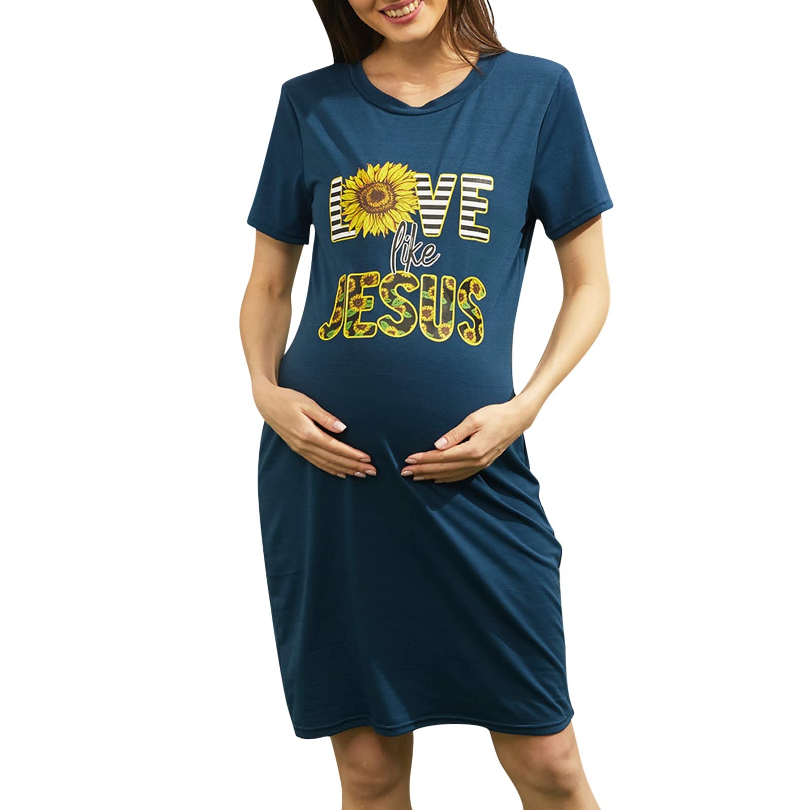 Floral Print Maternity Dress for Women - Casual Short Sleeve Loose Beach Dress for Pregnancy Photos & Summer Outfits