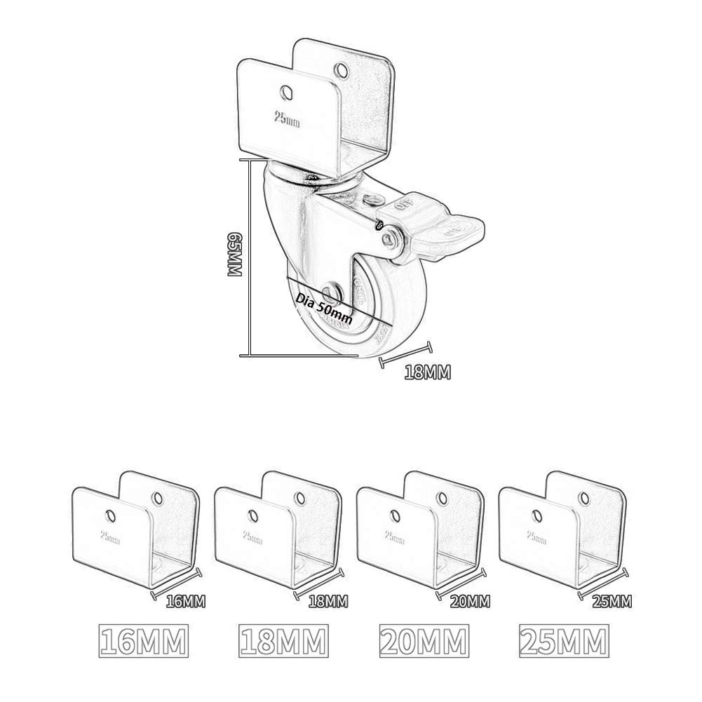Heavy Duty 2 Inch (50mm) U-Shaped Bracket Crib with Silent Swivel Rubber Casters and Brake - 4 Pack for Wooden Furniture (25mm Groove, 120kg Load Capacity) - Perfect for Cribs, Beds, Sofas and Office Furniture Mobility