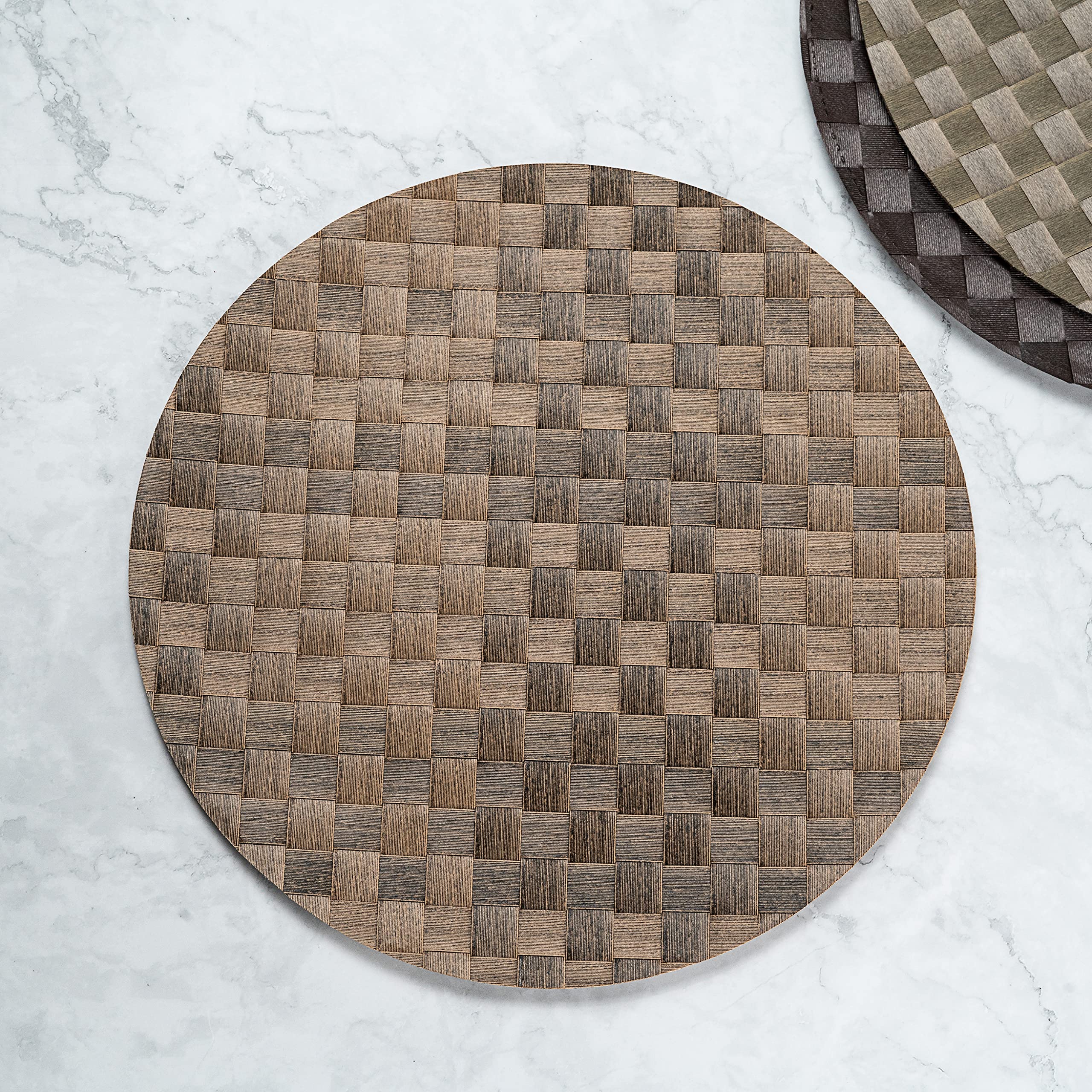 Restaurantware Macroweave 15 Inch Round Woven Placemats Set of 6 - Durable & Easy Clean Brown Plastic Table Mats for Dining - Perfect for Home Kitchen, Restaurant, Party, and Outdoor Use