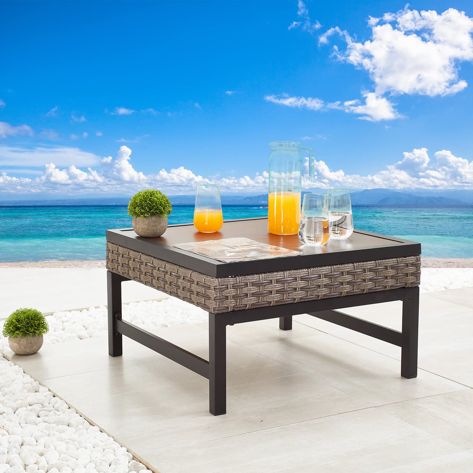 Outdoor Coffee Table with Metal Frame & Wood Grain Top - 23.6