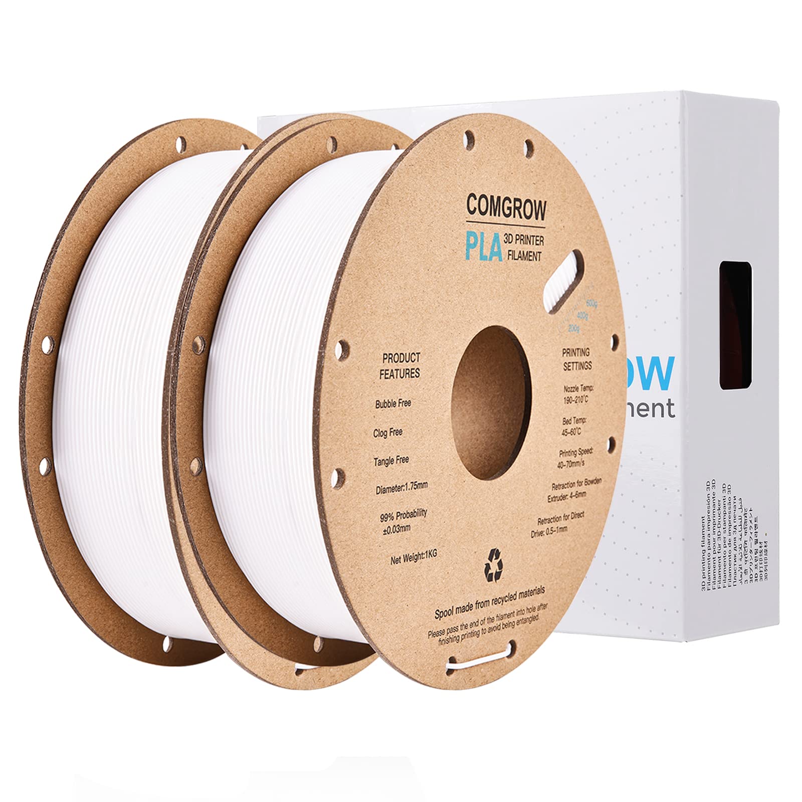 Comgrow PLA 3D Printer Filament 1.75mm - 2 Rolls 1KG Spool White (Dimensional Accuracy +/-0.02mm) - Perfect for 3D Printing, DIY Projects, Prototyping & Home Decor