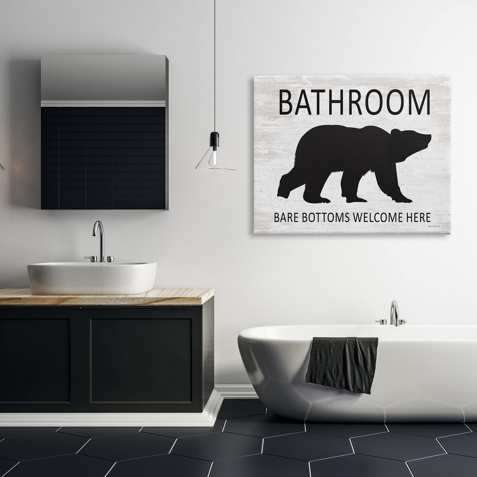 Stupell Industries Funny Rustic Bear Bathroom Wall Art - 'Bare Bottoms Welcome Here' Canvas Print, 48x36 Inches, Off-White | Humorous Home Decor for Bathrooms, Powder Rooms & Cabin Retreats
