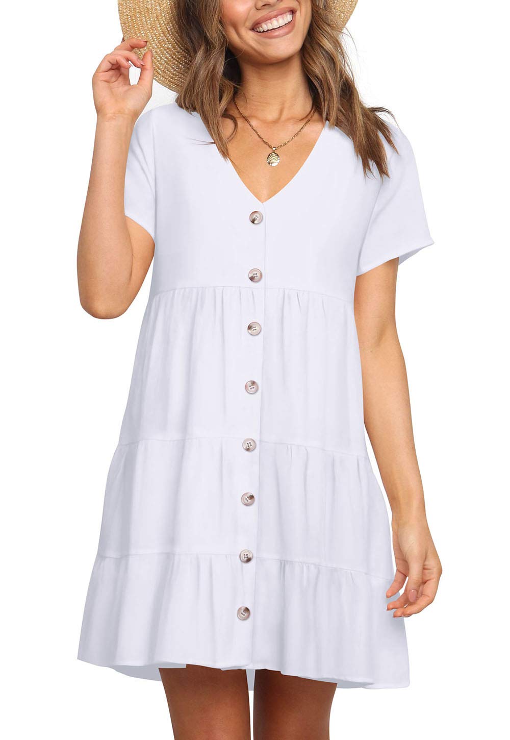 FOWSMON Women's Ruffle Short Sleeve V-Neck Swing Dress - Flowy Loose Printed Summer Dress for Beach, Vacation & Casual Wear