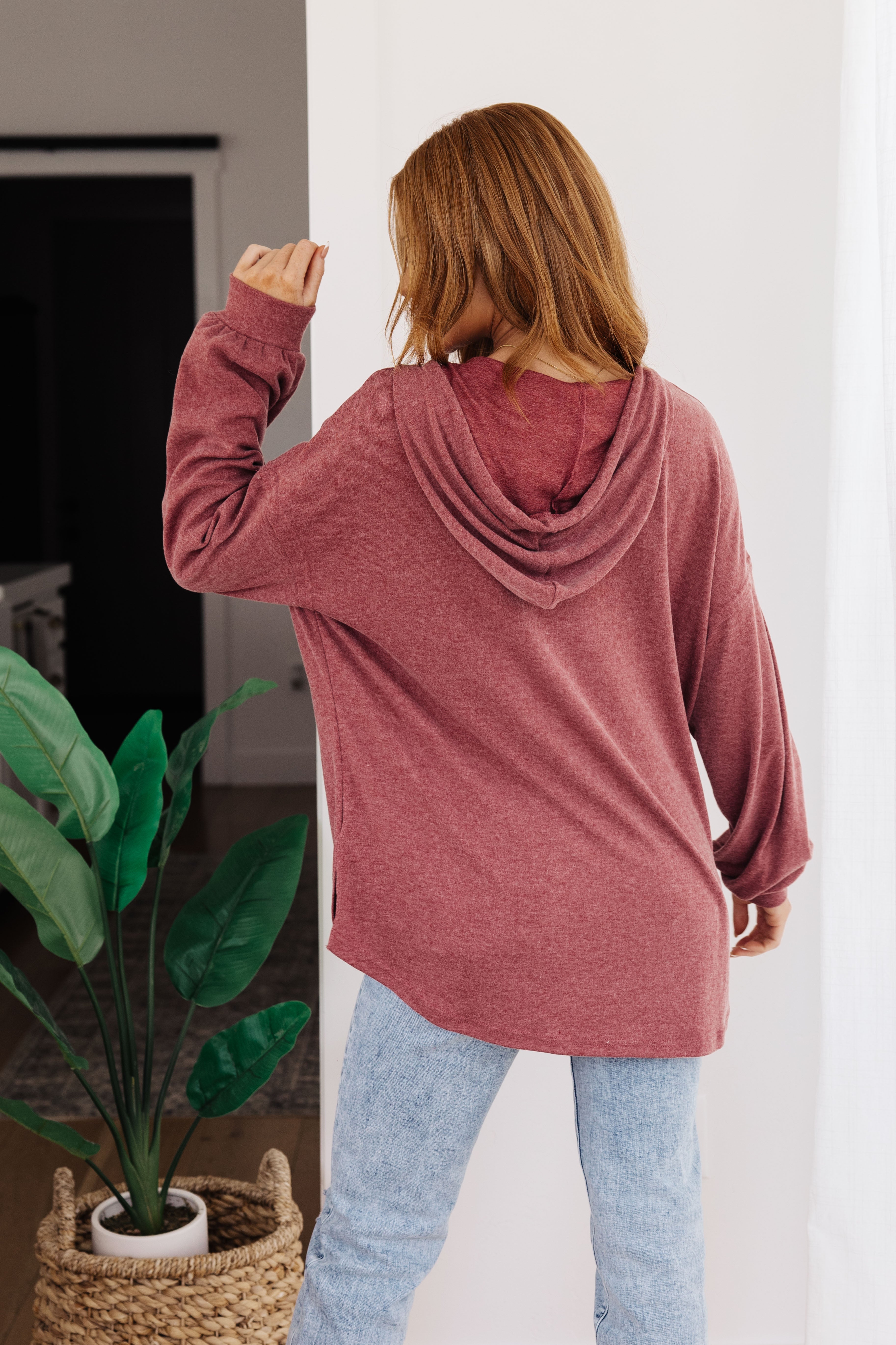 Happier Now Burgundy Henley Hoodie for Men - Soft Cotton Pullover with Front Pocket - Perfect for Casual Wear, Outdoor Activities & Layering
