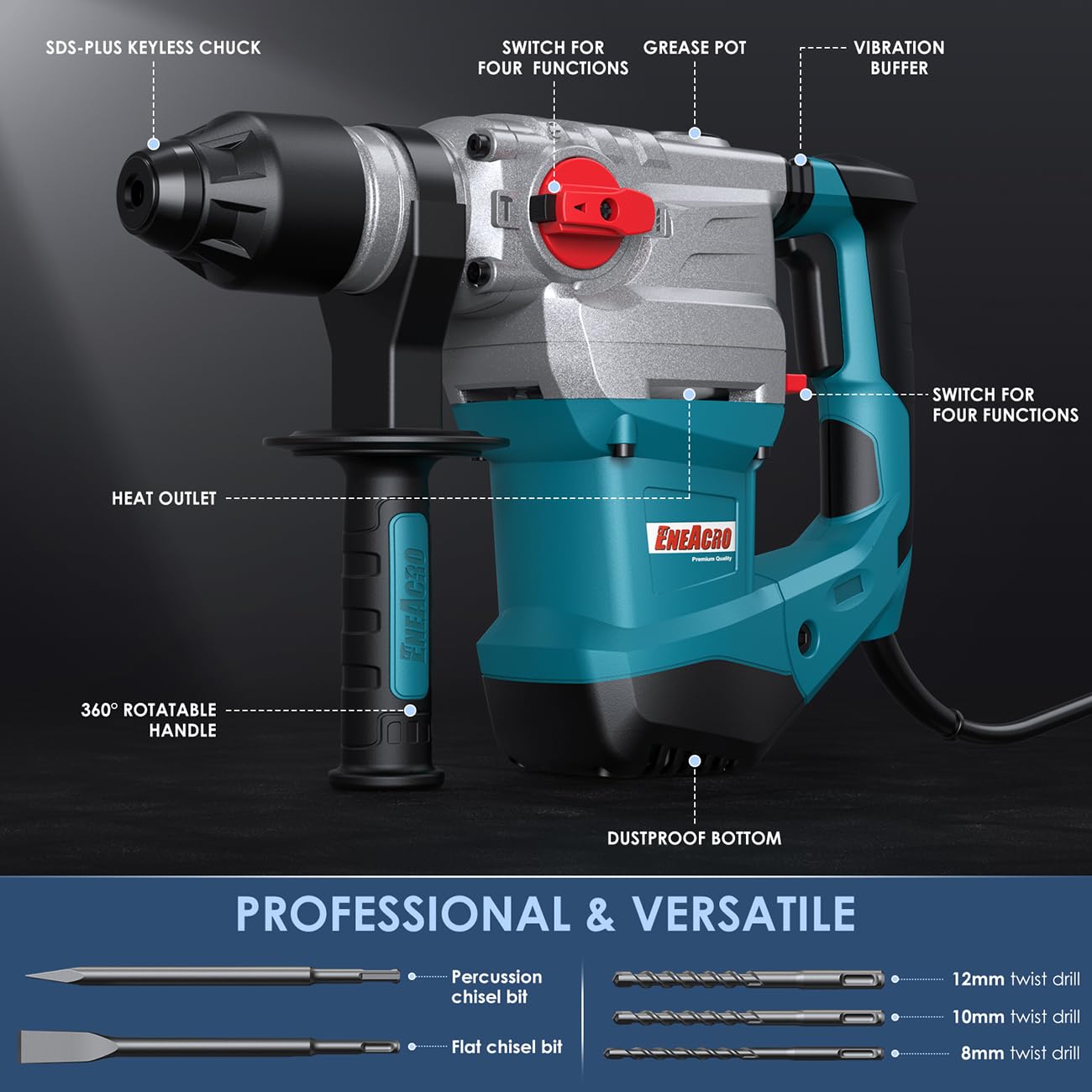 ENEACRO 1-1/4 Inch SDS-Plus 13 Amp Heavy Duty Rotary Hammer Drill with Safety Clutch | 4-Function Vibration Control | Includes Grease, Chisels & Drill Bits in Carrying Case | Perfect for Concrete Drilling, Demolition & Masonry Work