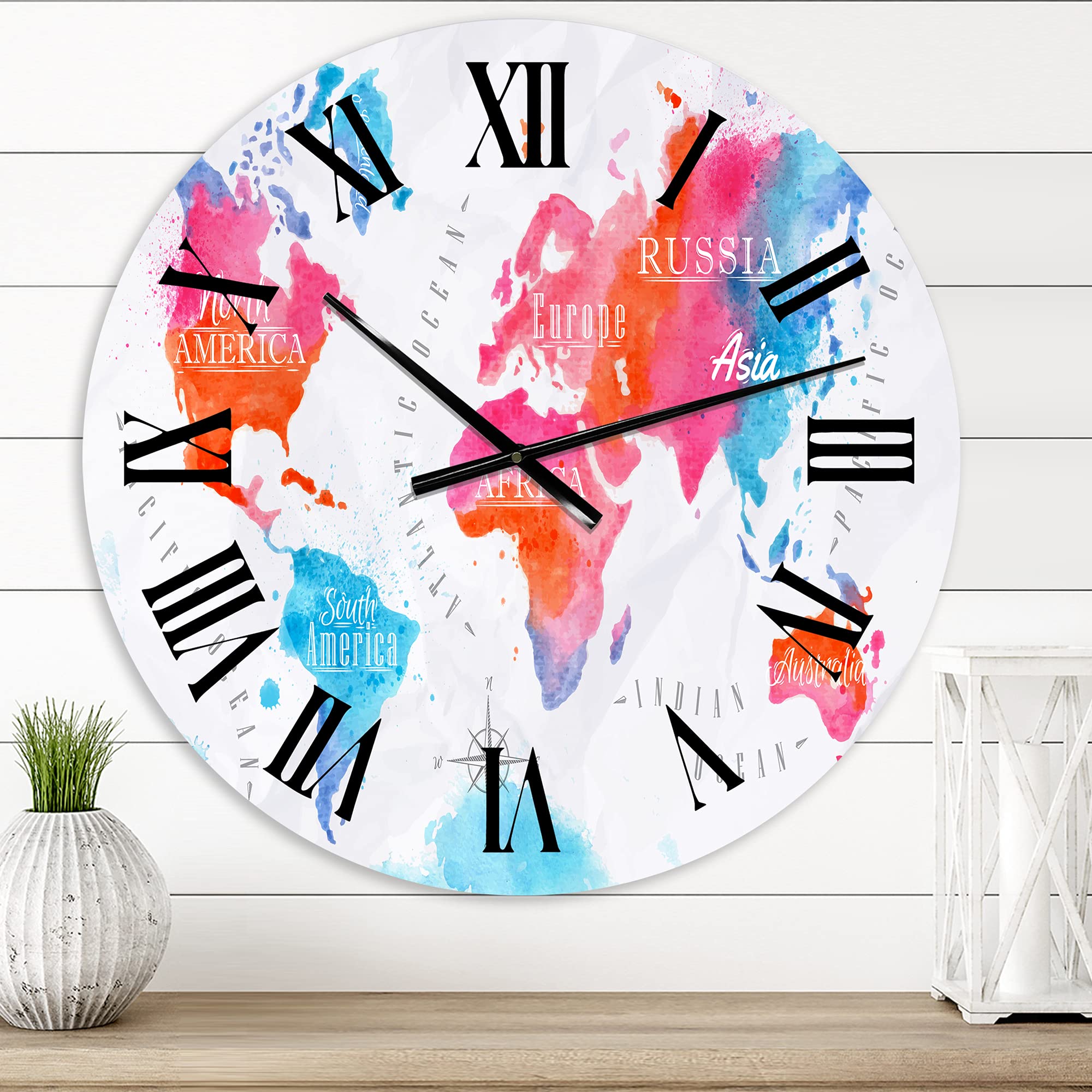 DesignQ Modern Pink and Blue World Map Wall Clock - Large Decorative Clock for Kitchen, Living Room, Office & Bedroom | Silent Non-Ticking Home Decor