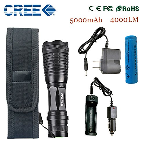 4000lm Aluminum E17 Cree XM-L T6 LED Zoomable Flashlight with AC/Car Charger & 18650 Rechargeable Battery - Perfect for Camping, Hiking, Emergency & Outdoor Adventures