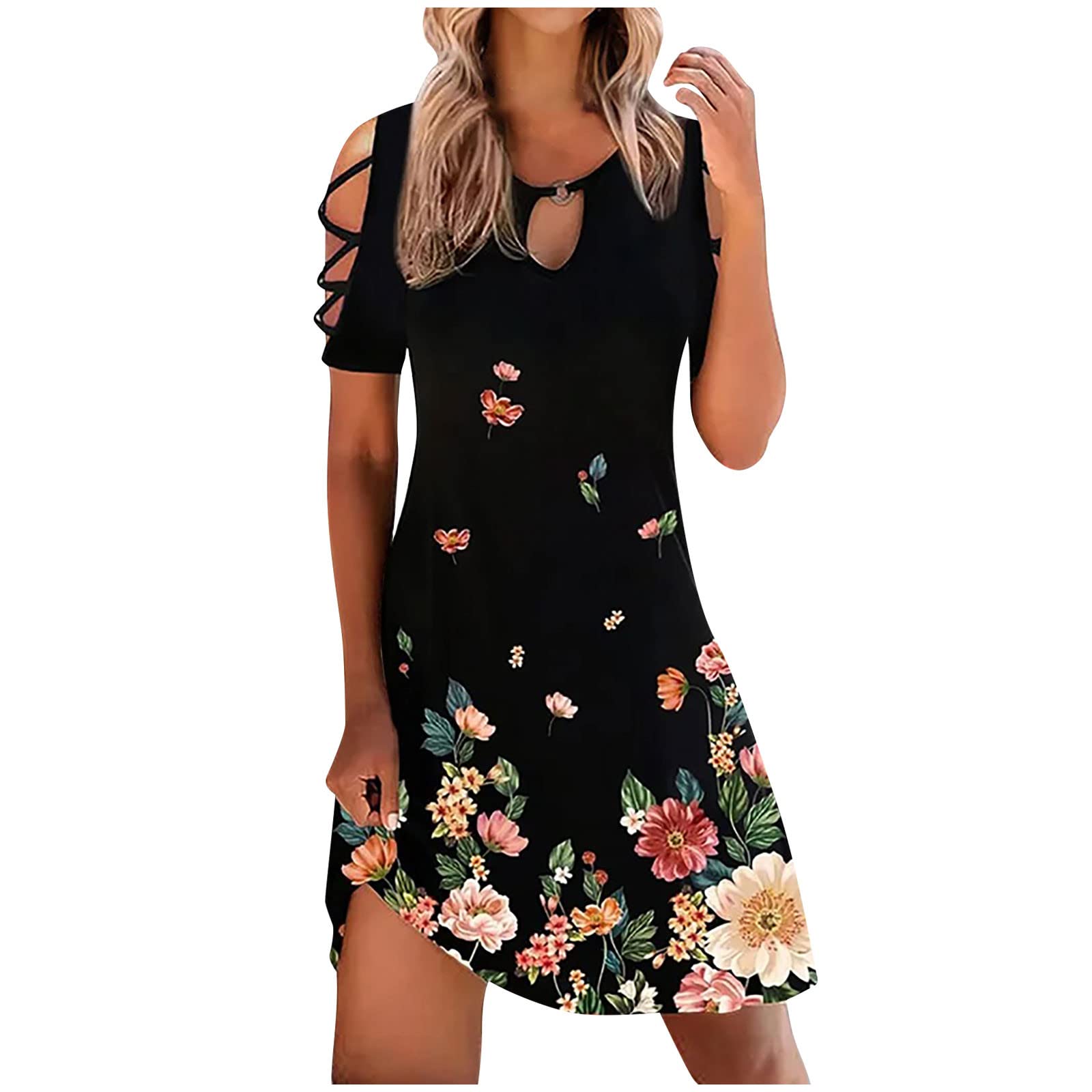 Women's Floral Printed Summer Dress - Short Sleeve V-Neck Midi Sundress with Cold Shoulder Design | Perfect for Beach Vacations, Date Nights & Casual Outings
