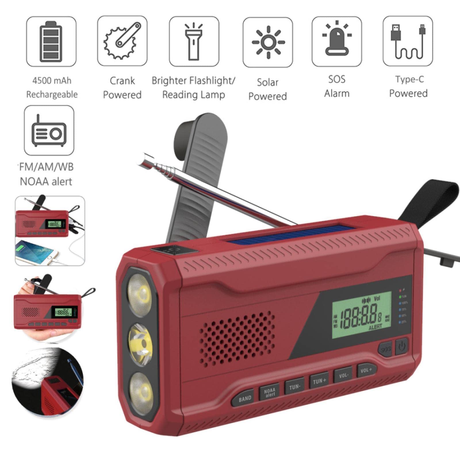 Portable Solar Hand Crank Emergency Radio - AM/FM/DAB Digital Radio with USB Rechargeable Battery, Flashlight & Weather Alert - Perfect for Outdoor Camping, Hiking & Emergency Preparedness (Red)