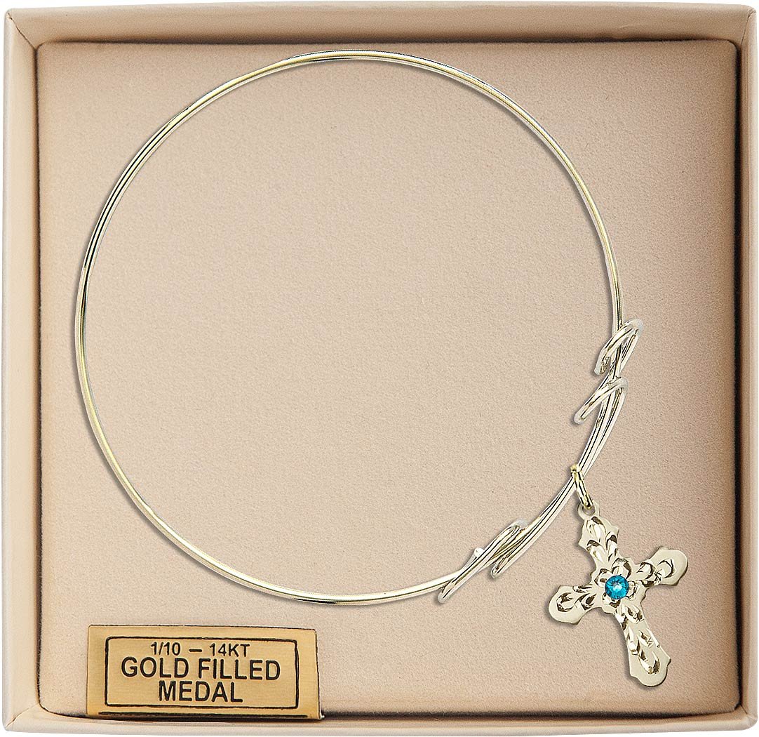 8 Inch Round Double Loop Bangle Bracelet with Cross Charm & December Blue Crystal - Elegant Jewelry for Women, Perfect for Christmas Gifts, Church Events, and Everyday Wear