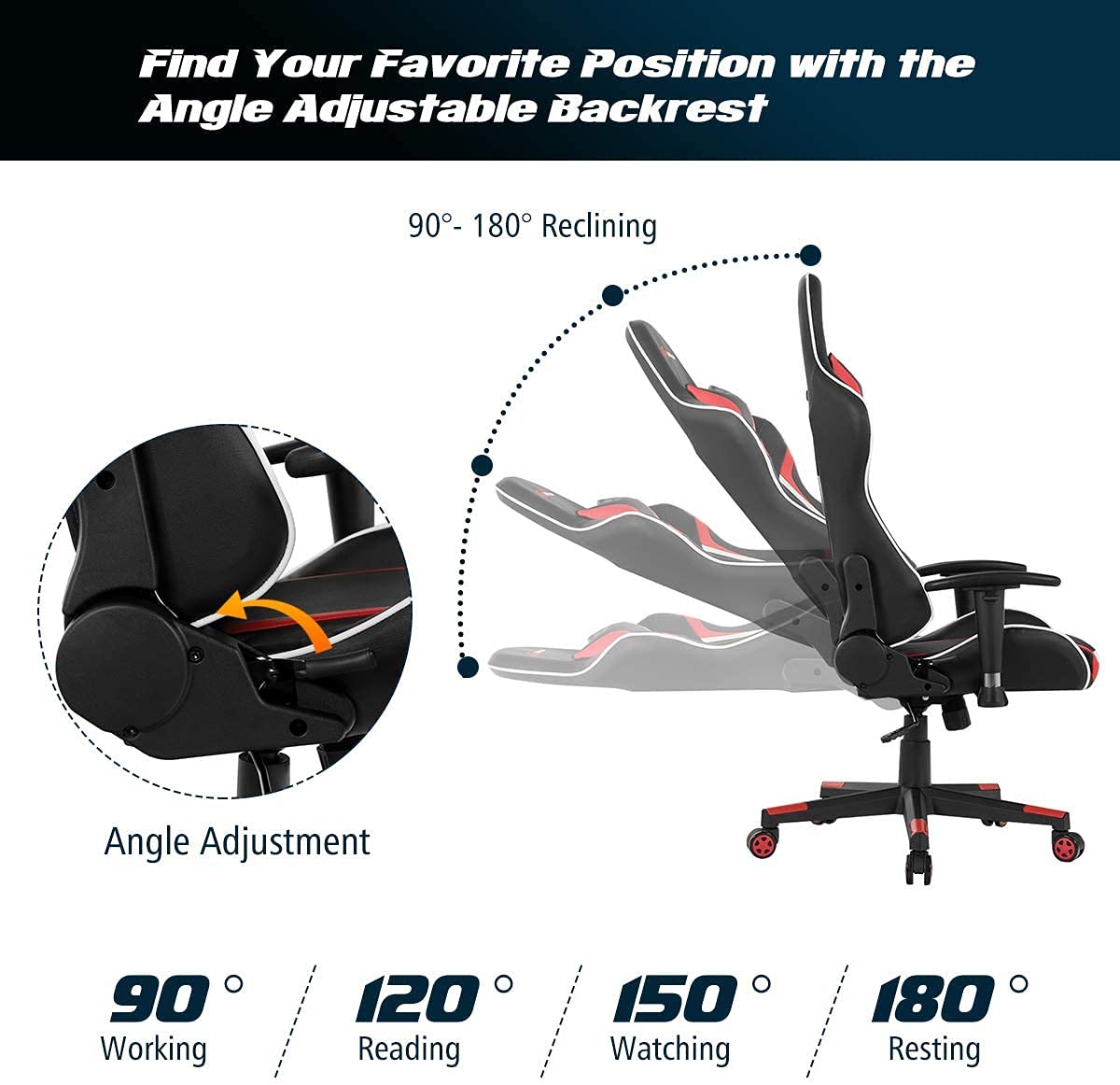Ergonomic Massage Gaming Chair - High Back Office Computer Chair with Adjustable Headrest & Lumbar Support, Racing Style Recliner Swivel Chair for Home & Gaming - Perfect for Esports, Work from Home & Relaxation (Red)