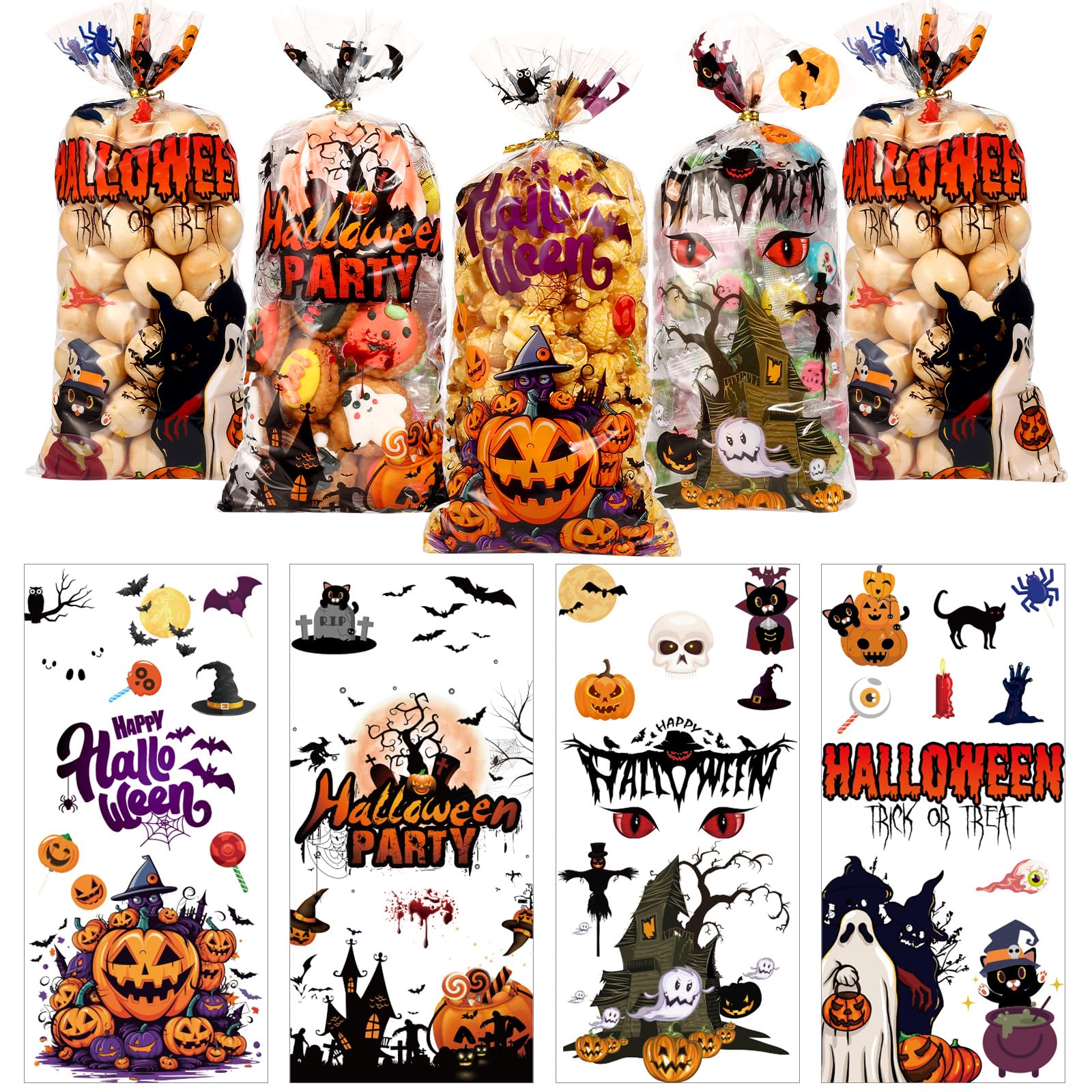 BBPOOL Halloween Treat Bags - 160pcs Clear Plastic Goodie Bags with Twist Ties for Candy, Cookies & Snacks | Trick or Treat Party Favors, Gift Wrapping & Halloween Party Supplies | Perfect for Classroom Treats, Neighborhood Trick-or-Treating & Halloween Events