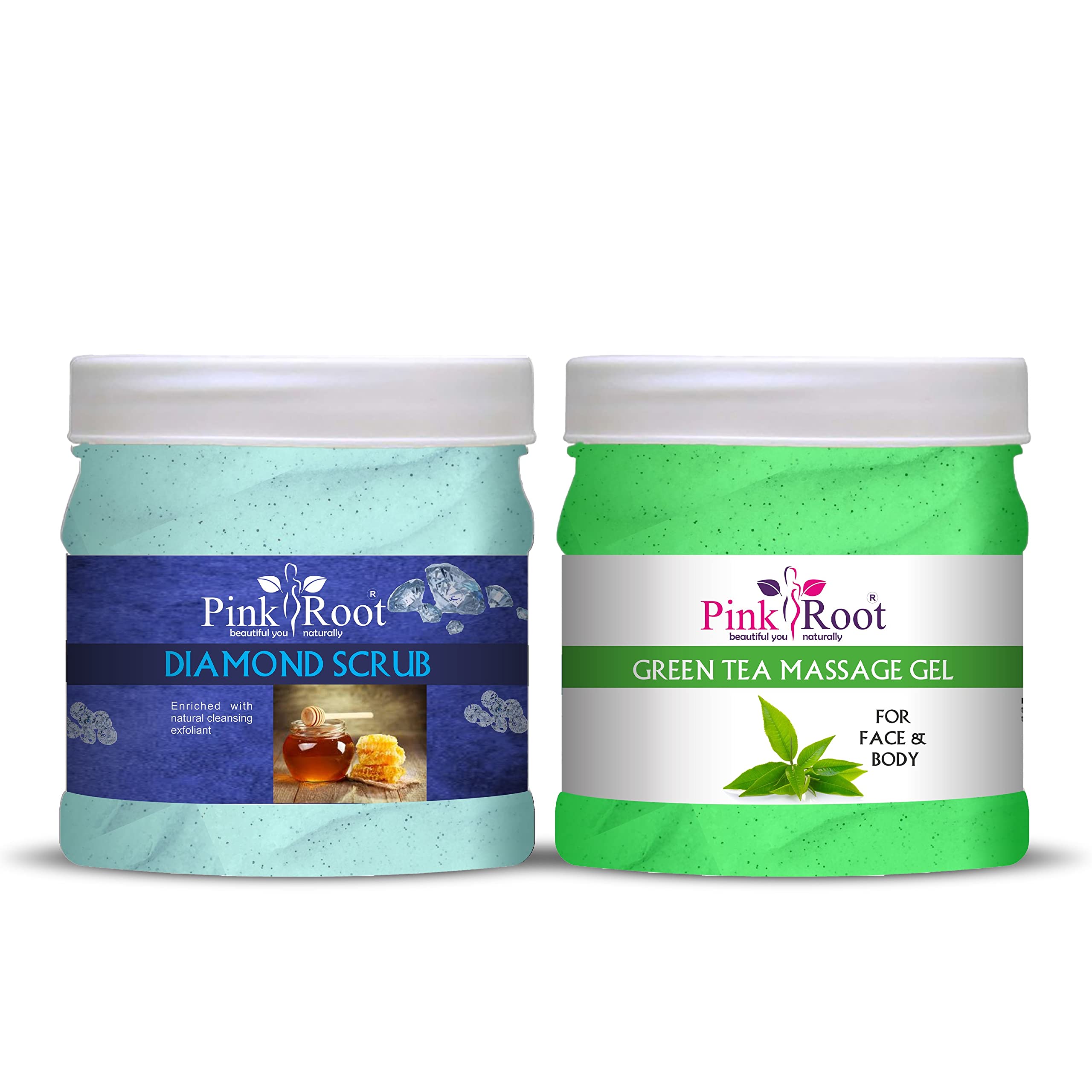 Pink Root Green Tea Massage Gel & Diamond Scrub Set - 500ml Each | Hydrating & Exfoliating Skincare Duo for Body & Face | Spa Day & At-Home Self Care