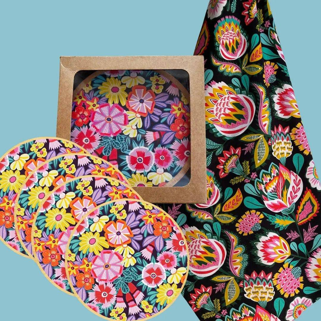 Handmade Folk Floral Tea Towel & Australian Wooden Coaster Set - Perfect for Kitchen Decor, Housewarming Gifts & Tea Party Essentials