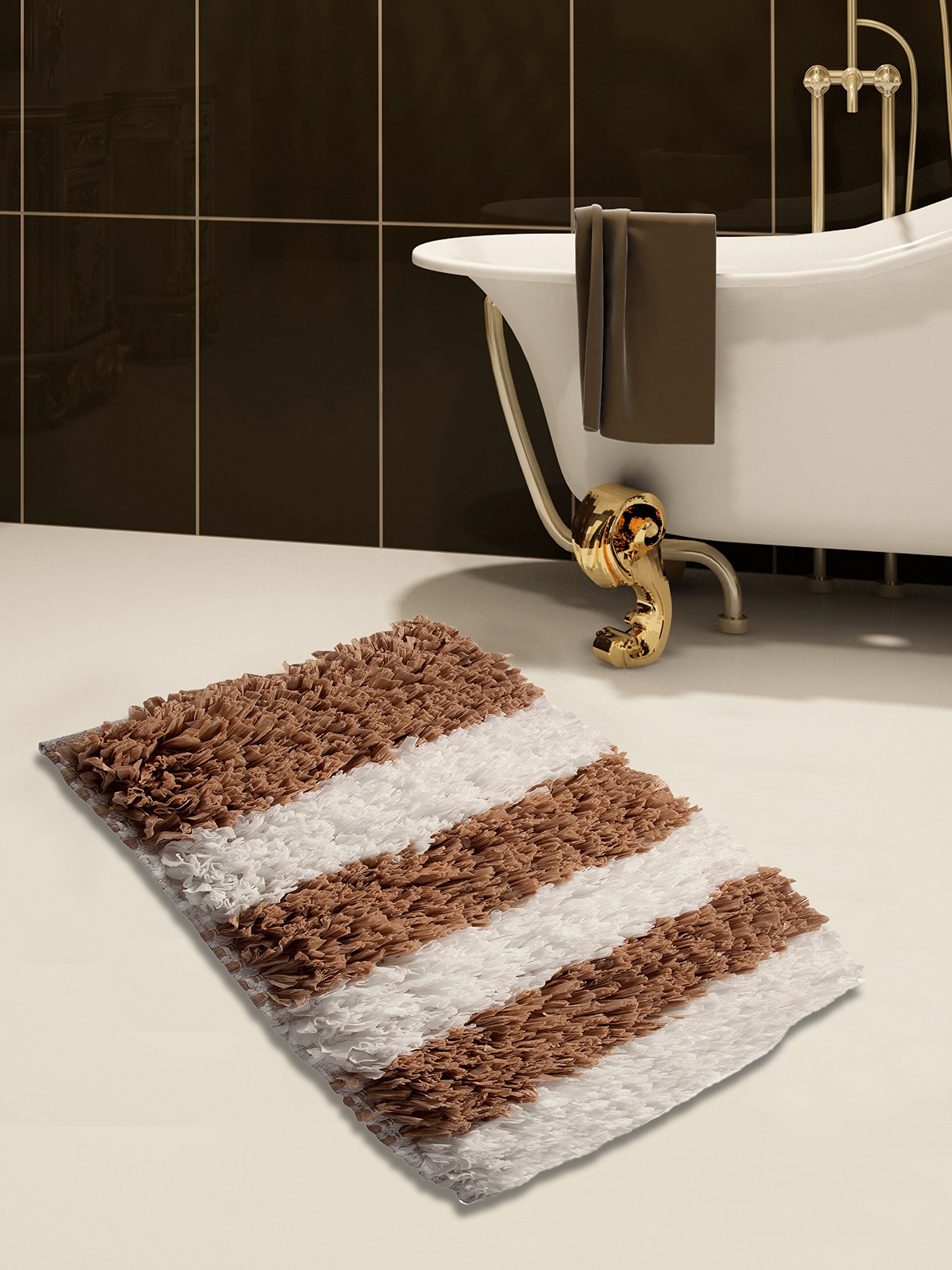 Premium Handloom Woven Bath Rug - 34x21 Inches Soft Polyester/Viscose/Cotton Blend - White & Beige Striped Pattern (GSF 200) - Non-Slip Bathroom Mat for Modern Home Decor, Spa & Guest Bathrooms