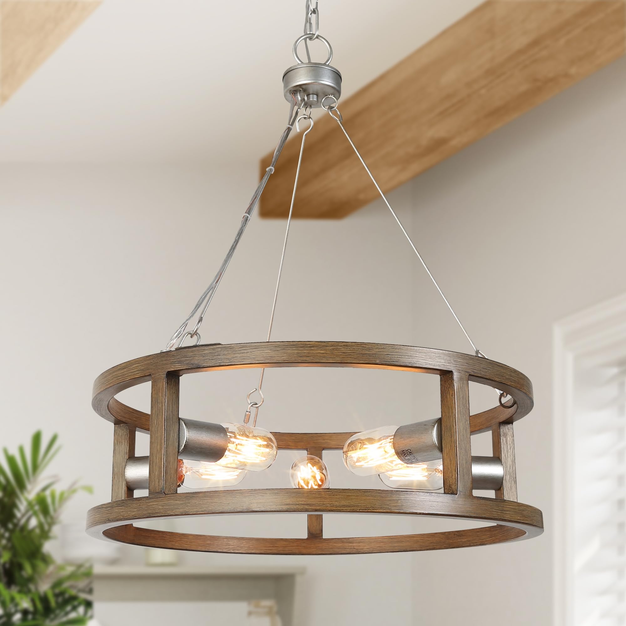 LOG BARN Farmhouse Drum Chandelier - 5-Light Rustic Faux Wood Hanging Light Fixture for Dining Room, Bedroom, Living Room, Entryway & Foyer | Vintage Ceiling Lighting for Home Decor, Kitchen Island & Cabin Style Interiors