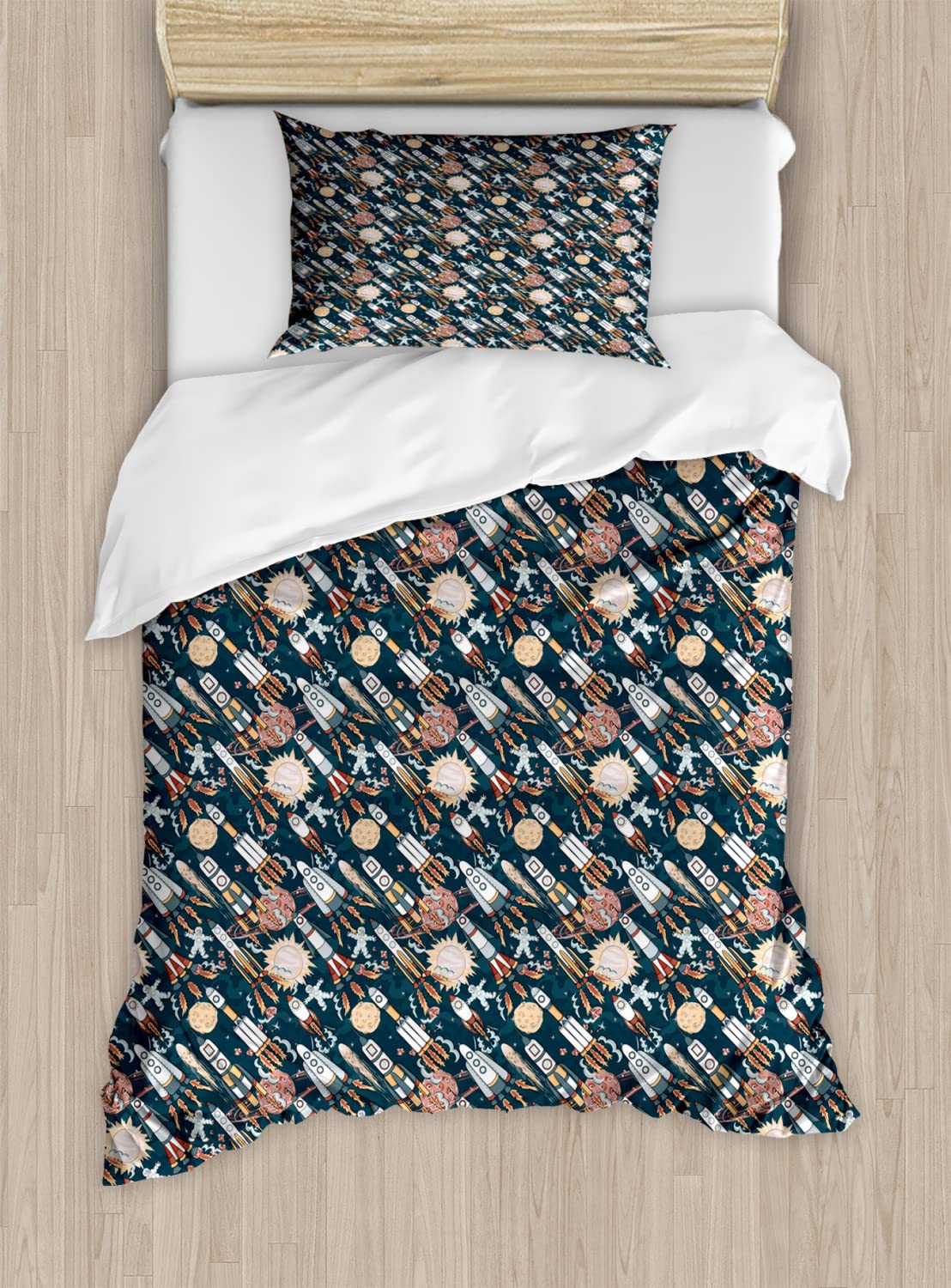 Ambesonne Spaceship Duvet Cover Set - Hand Drawn Space Exploration Theme with Alien Planets, 2-Pack King Size Bedding Set Includes 2 Duvet Covers & 4 Pillowcases, Multicolor Cartoon Style - Perfect for Kids' Rooms, Space Themed Bedrooms & Sci-Fi Decor
