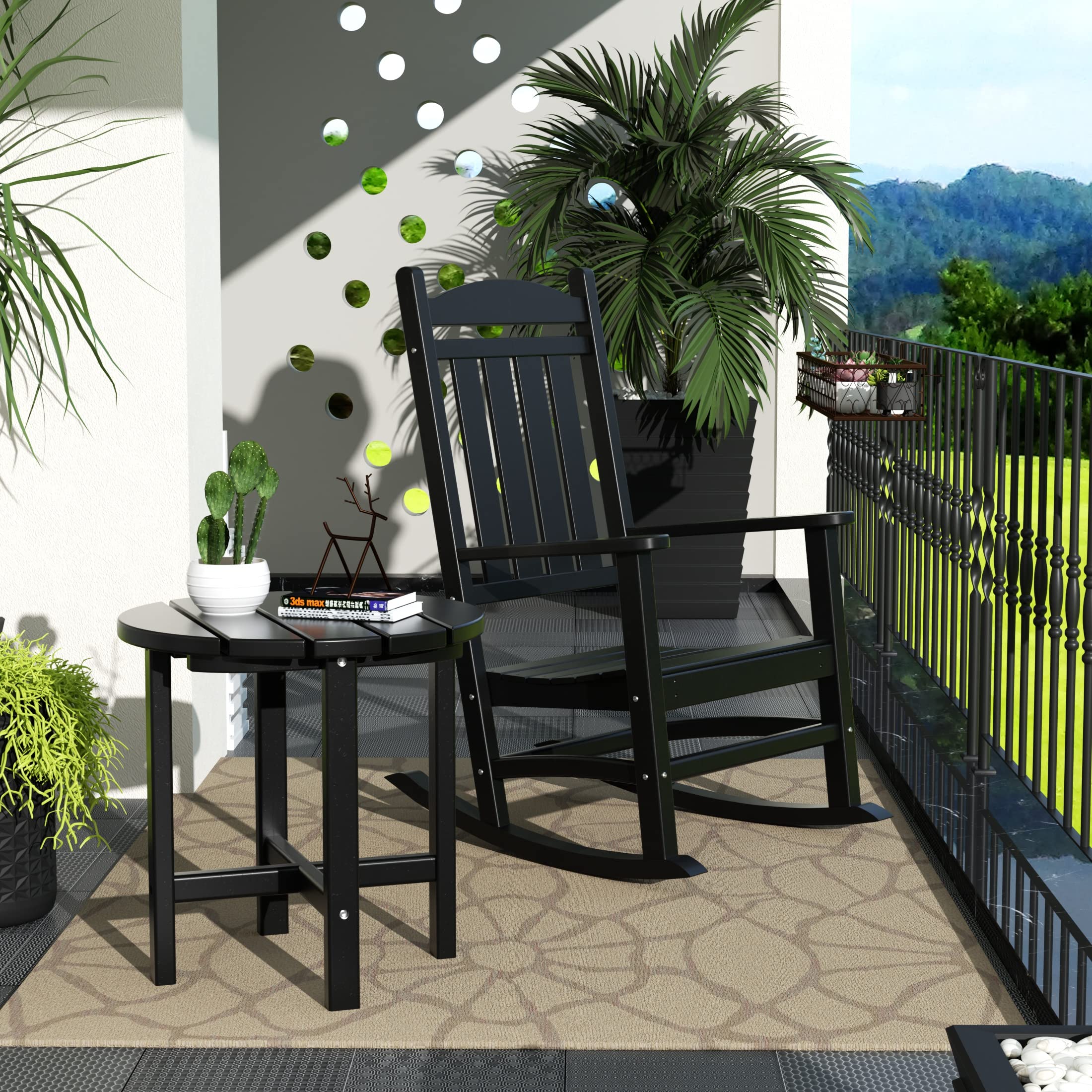 WO Home Furniture 2-Piece HDPE Outdoor Patio Rocking Chair Set - Traditional Style Rocking Chairs for Garden, Porch & Backyard (Black) - Perfect for Relaxing, Reading & Enjoying Nature