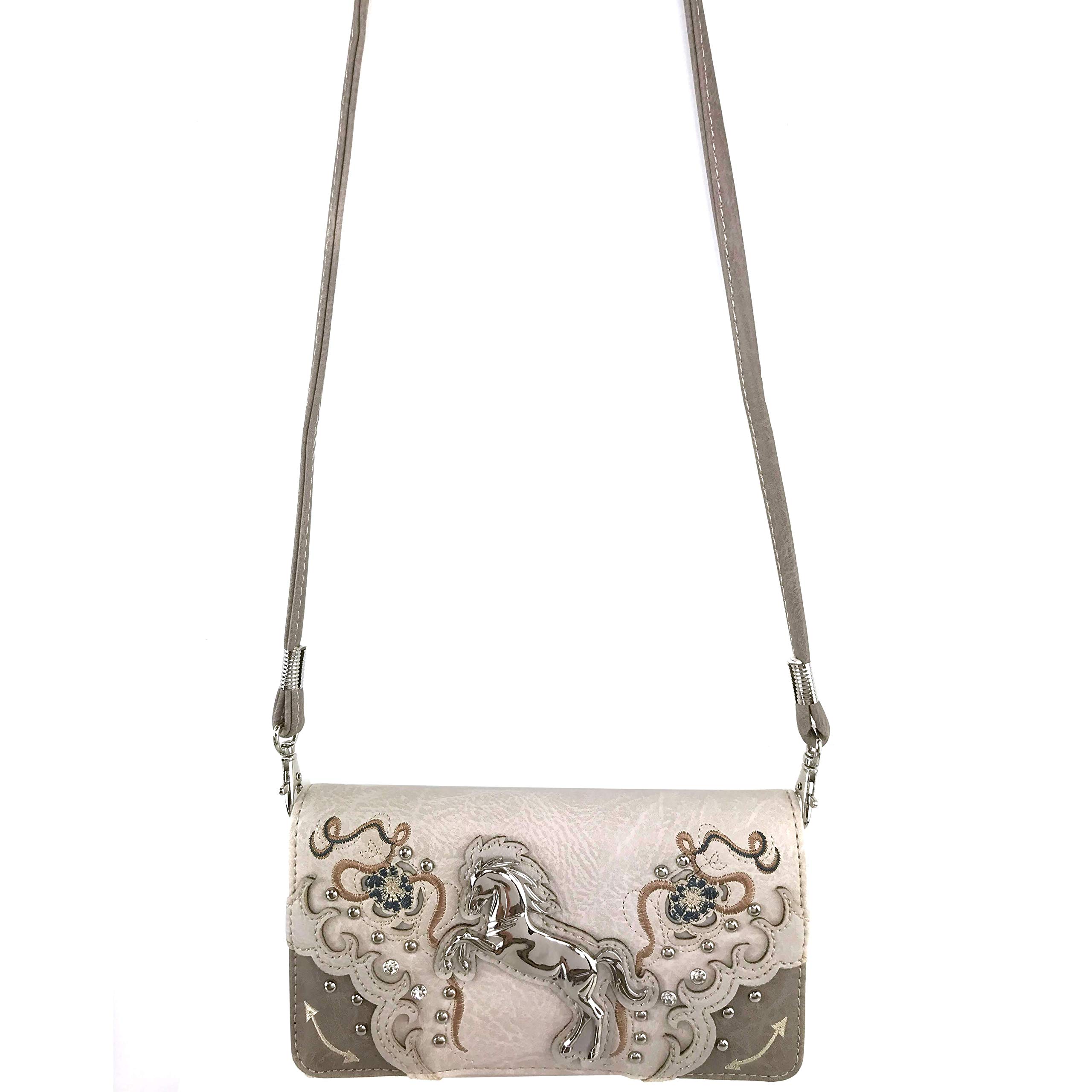 Zelris Floral Poppy Horse Western Style Women's Crossbody Wristlet Trifold Wallet - Beige & Silver | Perfect for Everyday Use, Travel, and Country-Themed Outfits