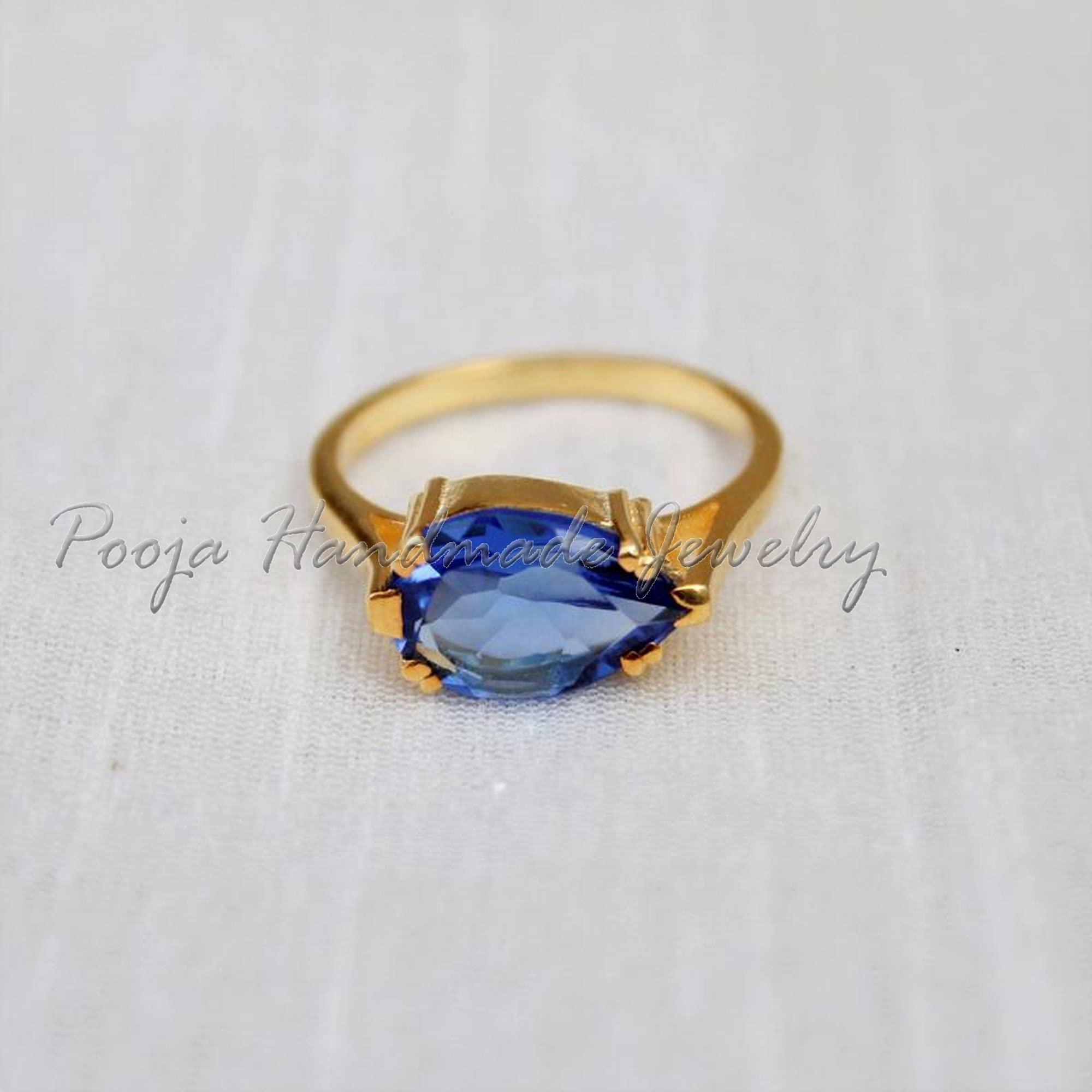 925 Sterling Silver Iolite Ring - Gold Plated Pear Cut Iolite Stackable Ring for Women, Minimalist Bohemian Engagement & Promise Ring, September Birthstone Jewelry - Perfect for Weddings, Anniversaries & Everyday Wear