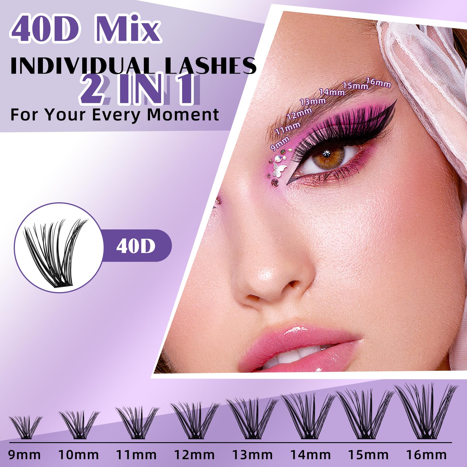 B&Qaugen DIY Lash Extension Kit - 280pcs Individual Lashes Cluster D Curl Eyelash Clusters with Bond & Seal Applicator Tool for Self Application (KIT,40D-D-9-16MIX) | Natural Looking Lashes for Daily Wear, Special Occasions & Professional Use