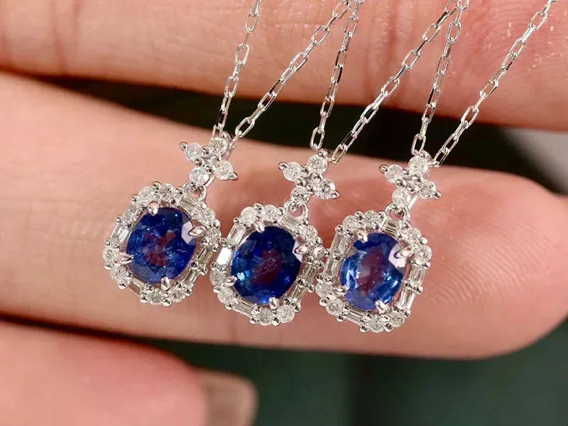 18K White Gold Blue Sapphire and Diamond Pendant Necklace for Women - Elegant Square Shape Jewelry Gift for Anniversary, Birthday & Special Occasions