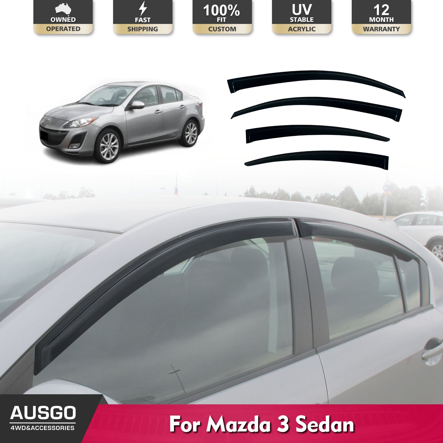 Weather Shields for Mazda 3 BL Series Sedan 2009-2013 - Rain Guards & Window Deflectors - Perfect for All-Weather Protection & Noise Reduction While Driving