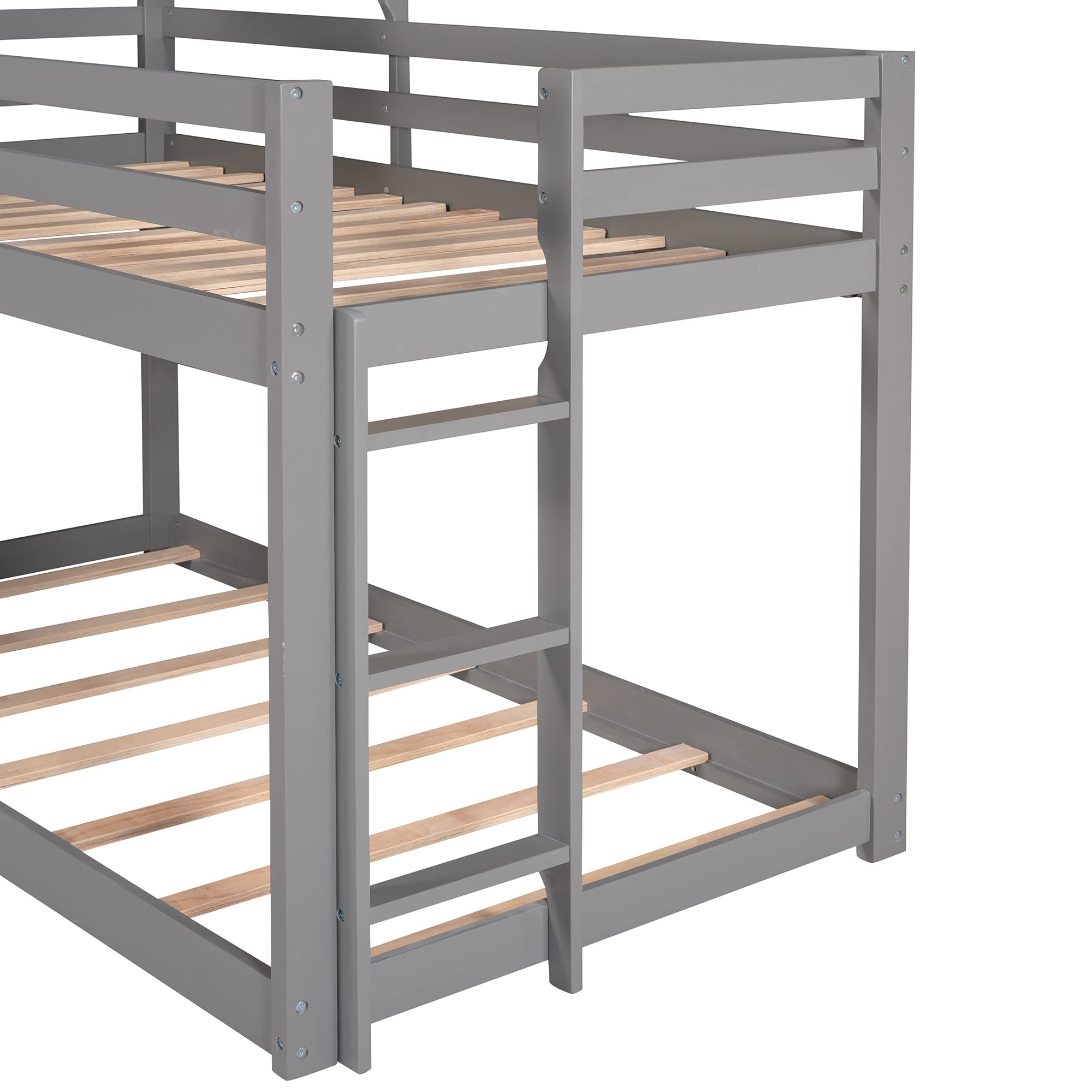 LZ LEISURE ZONE Twin Over Twin Bunk Bed with Roof - Wooden House Style Bed Frame with Window, Guardrail & Ladder - Space Saving Grey & White Kids Bunk Bed for Small Bedrooms, Guest Rooms & Vacation Homes