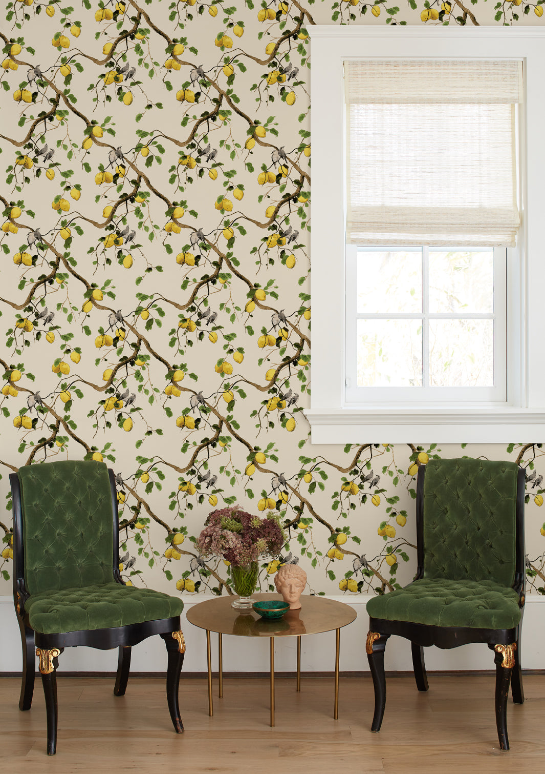 Lemon Birds Wallpaper by Nathan Turner - Beige Floral Peel and Stick Wallpaper for Bedroom, Living Room & Nursery Decor